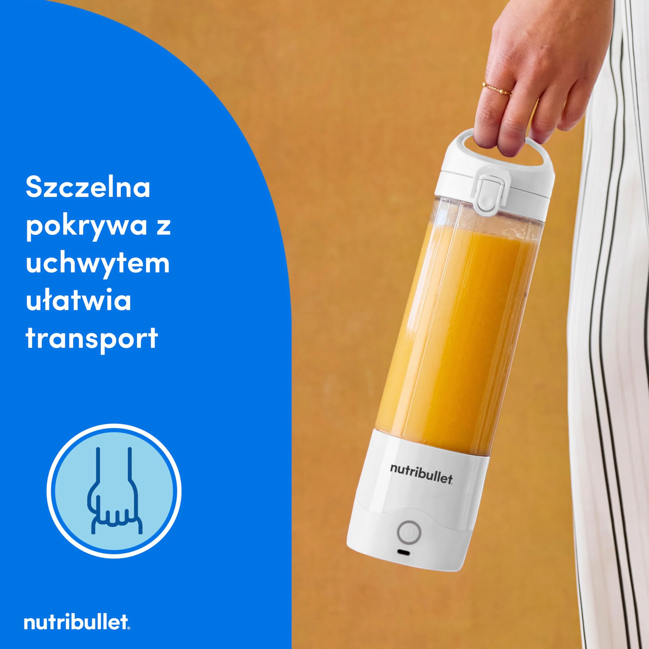 Nutribullet Lekki Przenośny Blender, 475 ml bez BPA Tritan, Mini Blender, 4-Stronne Ostrze ze Stali Nierdzewnej, Wielofunkcyjny, Ładowarka USB-C, ponad 15 Cykli Mieszania, Biały, NBP003W