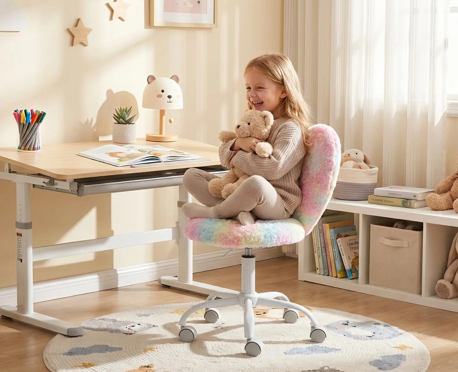 Ya-Home Fotel obrotowy dla dzieci z sztucznego futra, regulacja wysokości, różowy