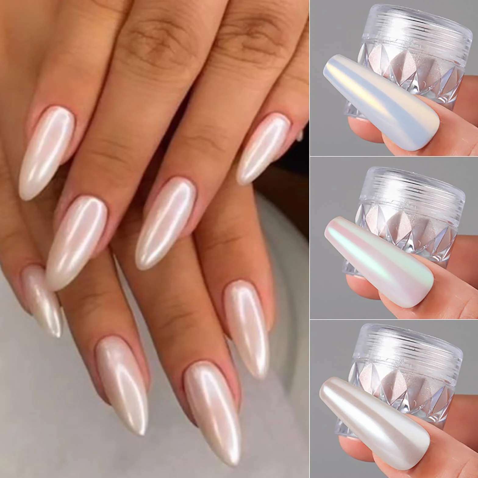White Pearl Chrome Nail Powder Aurora Nail Powder holograficzny puder do paznokci 3 szt. lustrzany puder brokatowy