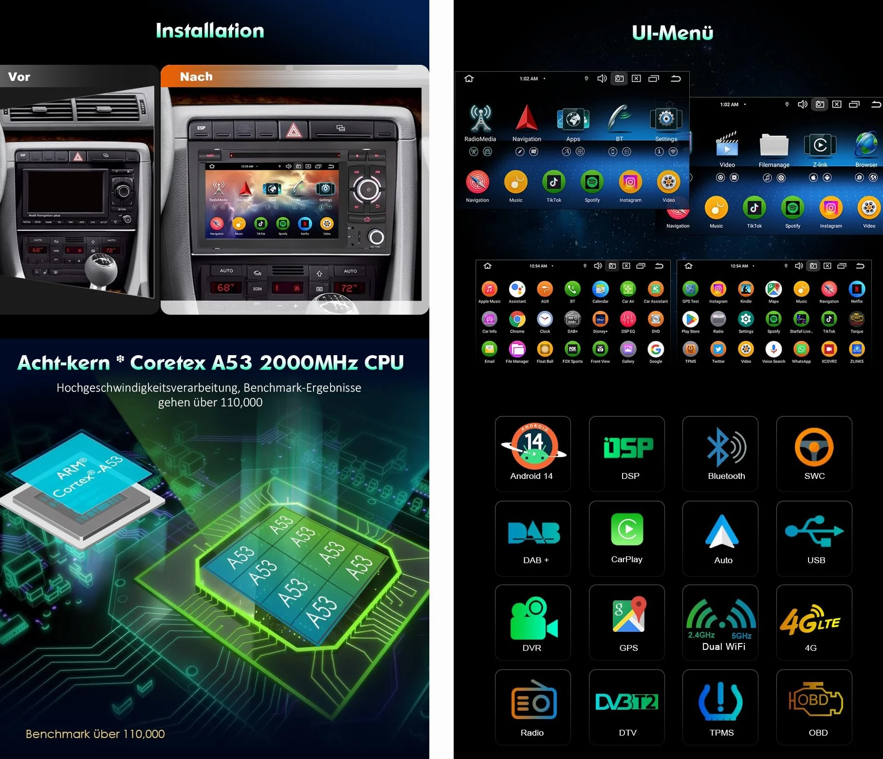 Erisin 8 rdzeni 4 GB + 64 GB Android 14 radio samochodowe do Audi A4, S4, RS4, RNS-E, SEAT EXEO, z nawigacją GPS, obsługuje bezprzewodowe CarPlay Android Auto WiFi 4G, Bluetooth 5.0, USB DVD, DSP