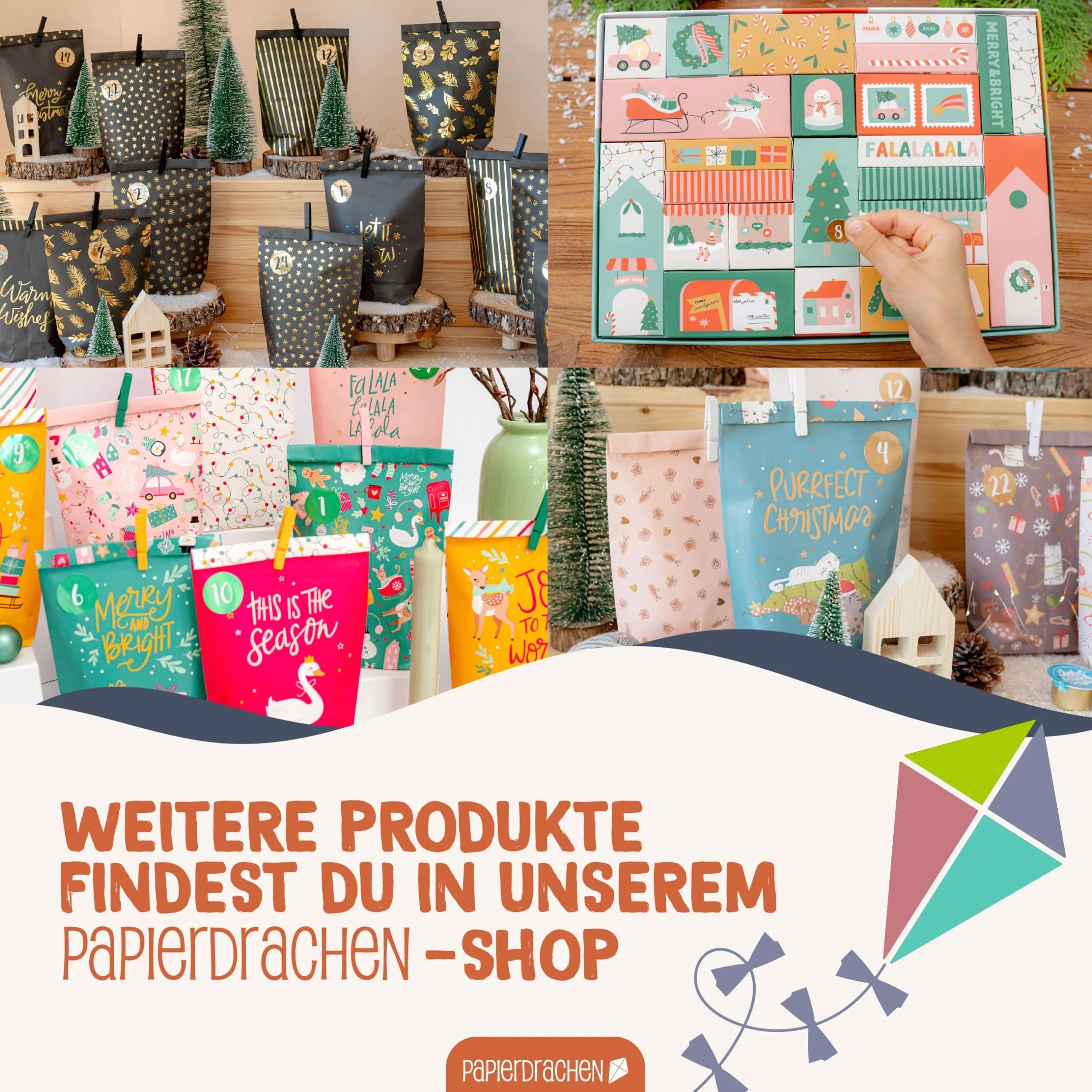 Papierdrachen Kalendarz adwentowy 2025 – 24 papierowe torebki z nadrukiem do samodzielnego napełniania – Hyggewald – 24 naklejki z liczbami i drewniane klamerki – 6 wzorów – Boże Narodzenie