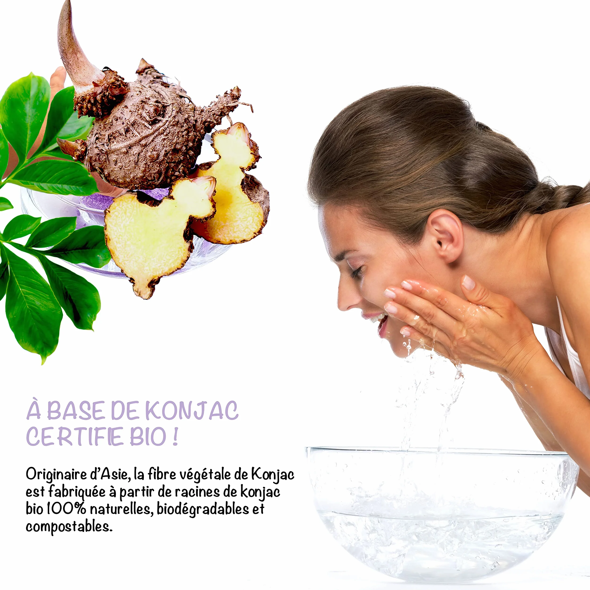 Organiczne gąbki Konjac do twarzy z zieloną herbatą, węglem, lawendą i łupinkami orzechów Zestaw 4 sztuk kropli