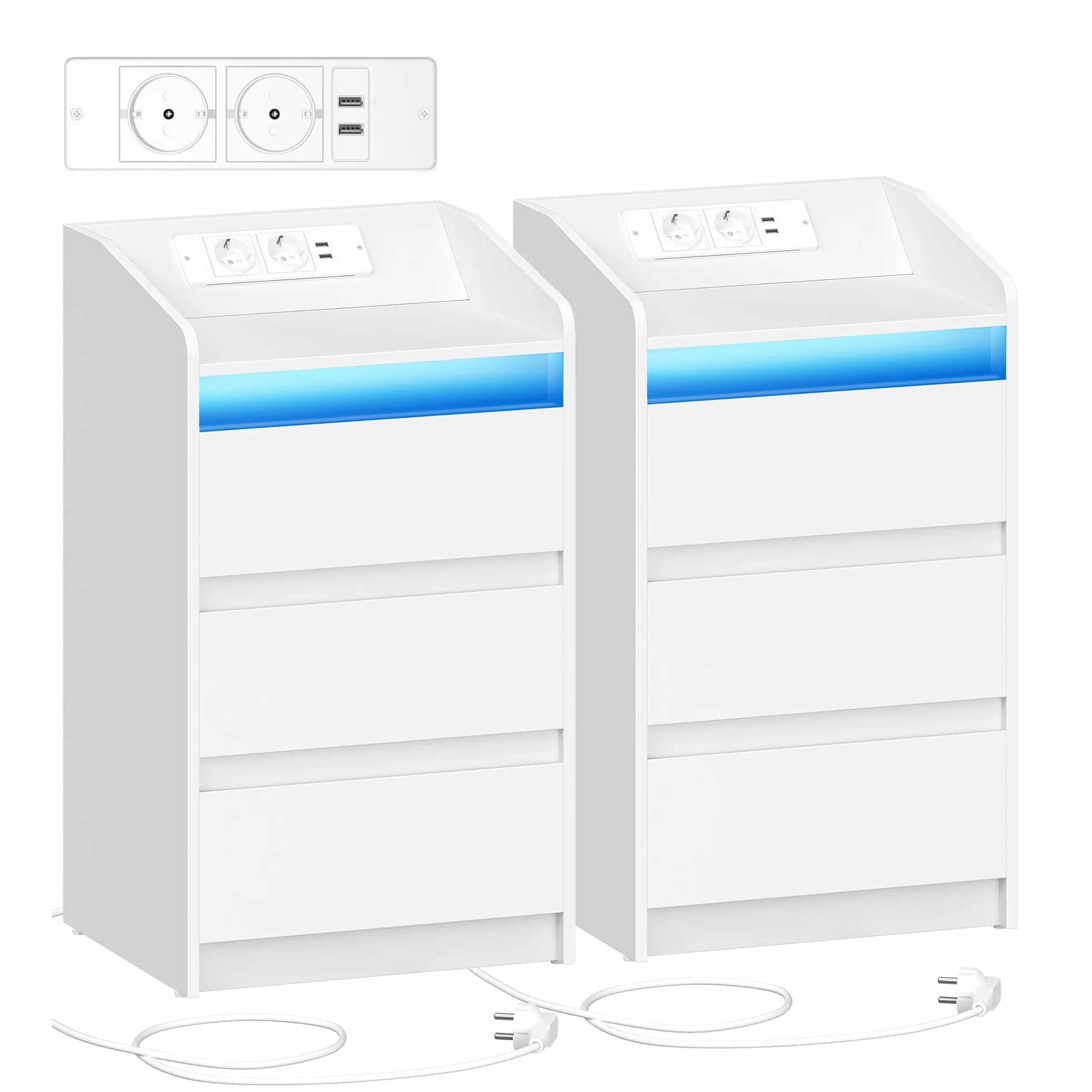 Hzuaneri Stolik nocny z 3 szufladami ze stacją ładującą LED, 2 porty AC i 2 USB, Biały, 2 szt