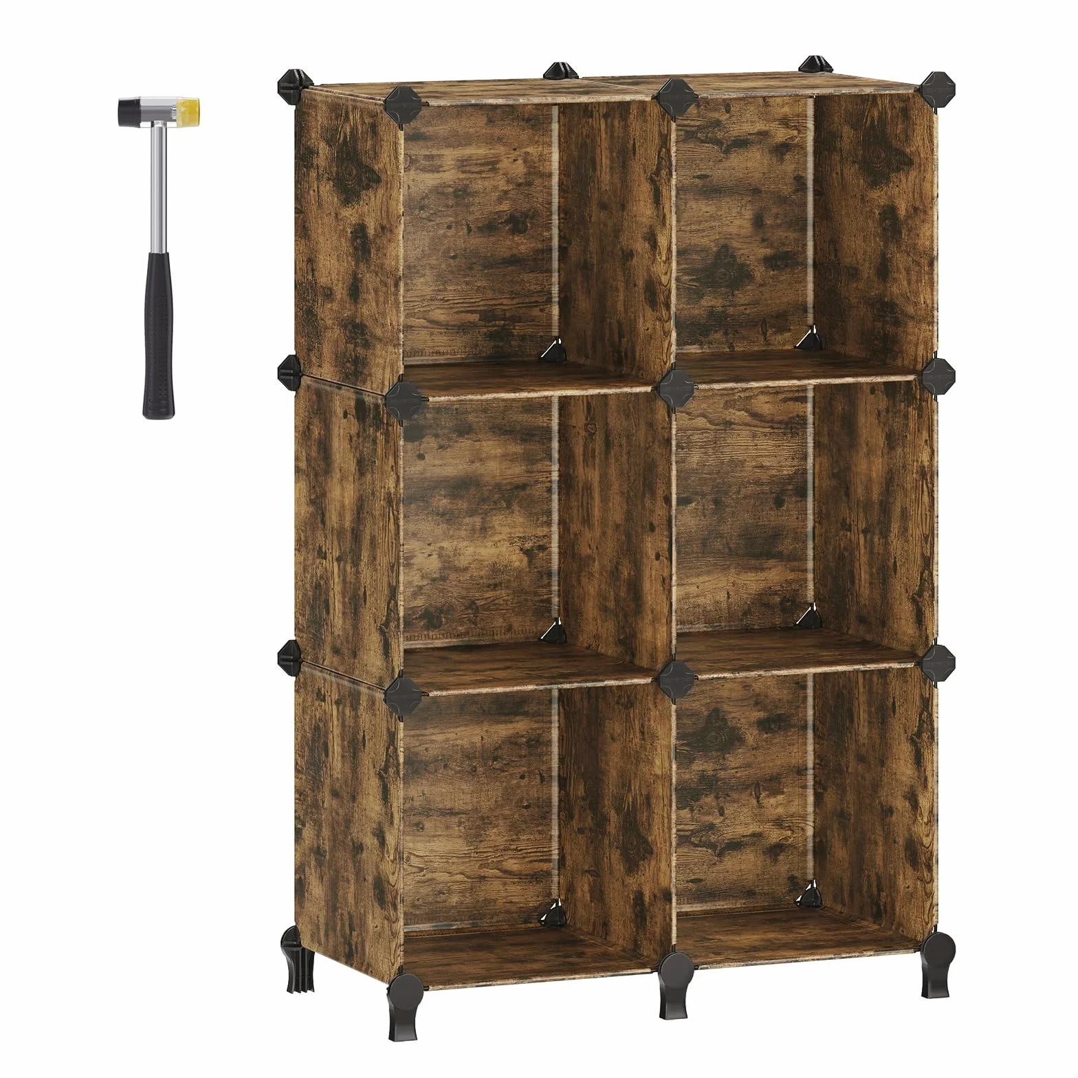 SONGMICS 6-komorowy modułowy regał modułowy plastikowy organizer z nogami na buty sześcian 30 x 30 x 30 cm salon sypialnia gabinet gumowy młotek rustykalny brązowy LPC111A01