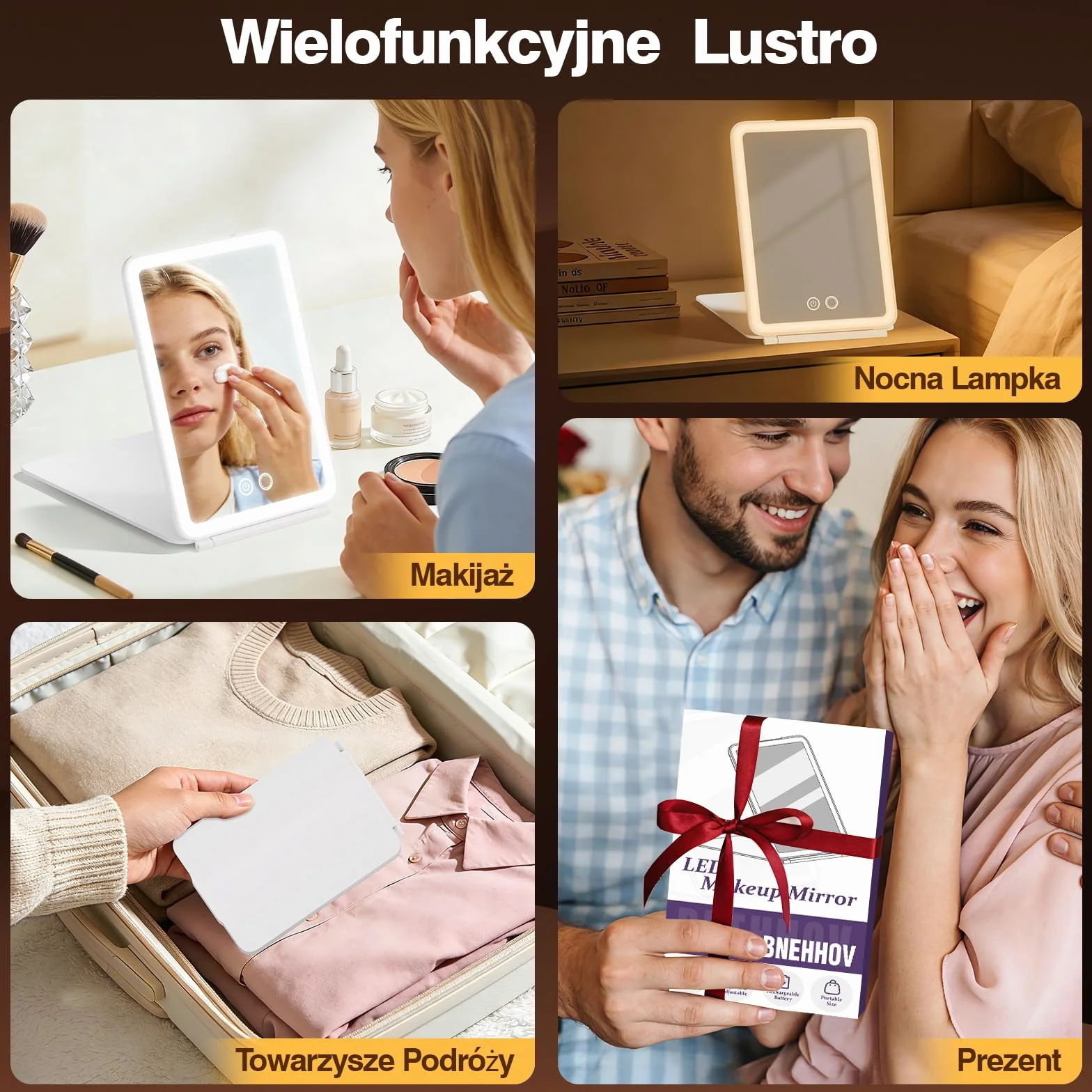 Przenośne Podświetlane lusterko Kosmetyczne 2000 mAh Akumulatorowe lusterka Podróżne do Makijażu z 72 Diodami LED, 3 Trybami Podświetlenia, Składane lusterko Kosmetyczne LED na Blat