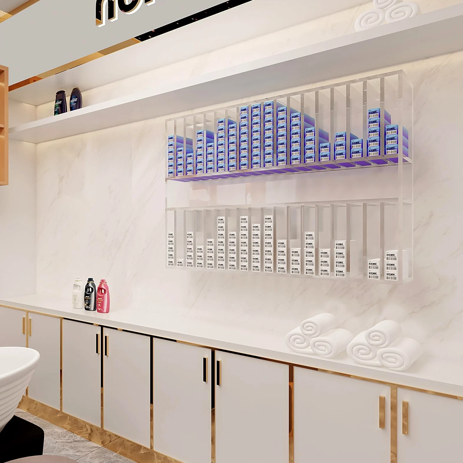 Stojak na Kosmetyki do Włosów, 2 Poziomowy Stojak na Kosmetyki do Włosów, ścienny Stojak na Kosmetyki do Włosów, do Salonu Kosmetycznego, Domowego Spa(White,80x20x110cm/32x8x43in)