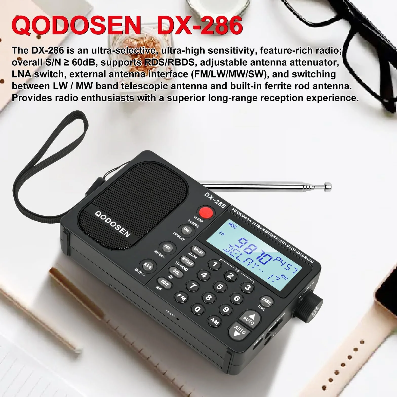 DX-286 Przenośne radio krótkofalowe FM Stereo/AM/LW/SW Bardzo czułe radio pełnopasmowe wykorzystujące układ TEF6686, wyposażone w wyświetlacz LCD, budzik RDS i akumulator 18650 (czarne)