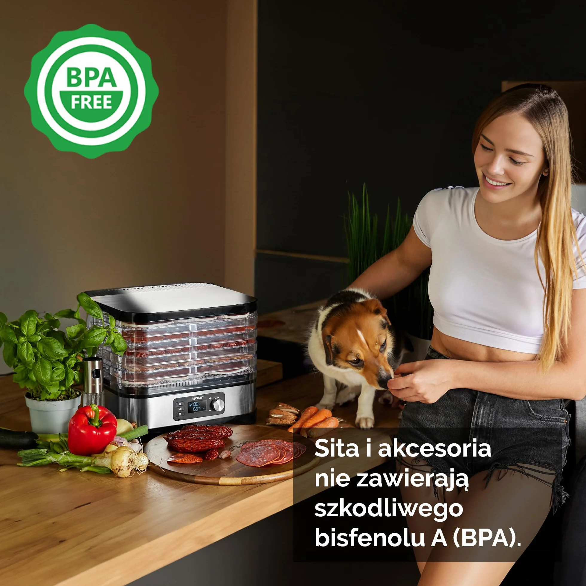 Yoer Suszarka do żywności, Stal nierdzewna, 450W, 6 tacek + 9 akcesoriów, 4725 cm², Timer 24h, wyświetlacz LED, BPA Free, Suszarka do grzybów, owoców i warzyw, dehydrator, VitaSave FD01S