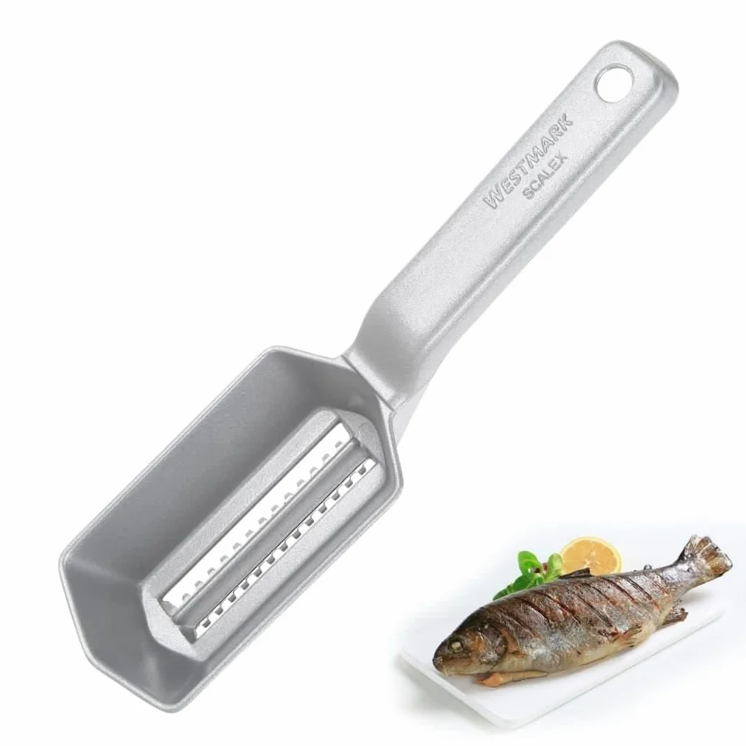 Westmark Skrobak do ryb ze zbiorniczkiem na resztki, aluminium, specjalna bezpieczna powłoka dla żywności, stal nierdzewna, 21 x 5,9 x 5,3 cm, Scalex, srebrny, 65002260