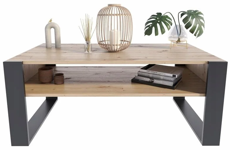MATKAM Kaja stolik kawowy wys. 50 x szer. 120 x gł. 63,6 cm, otwarty regał pod blatem roboczym, praktyczna elegancja i funkcjonalność, styl retro loft (dąb Artisan - czarny)