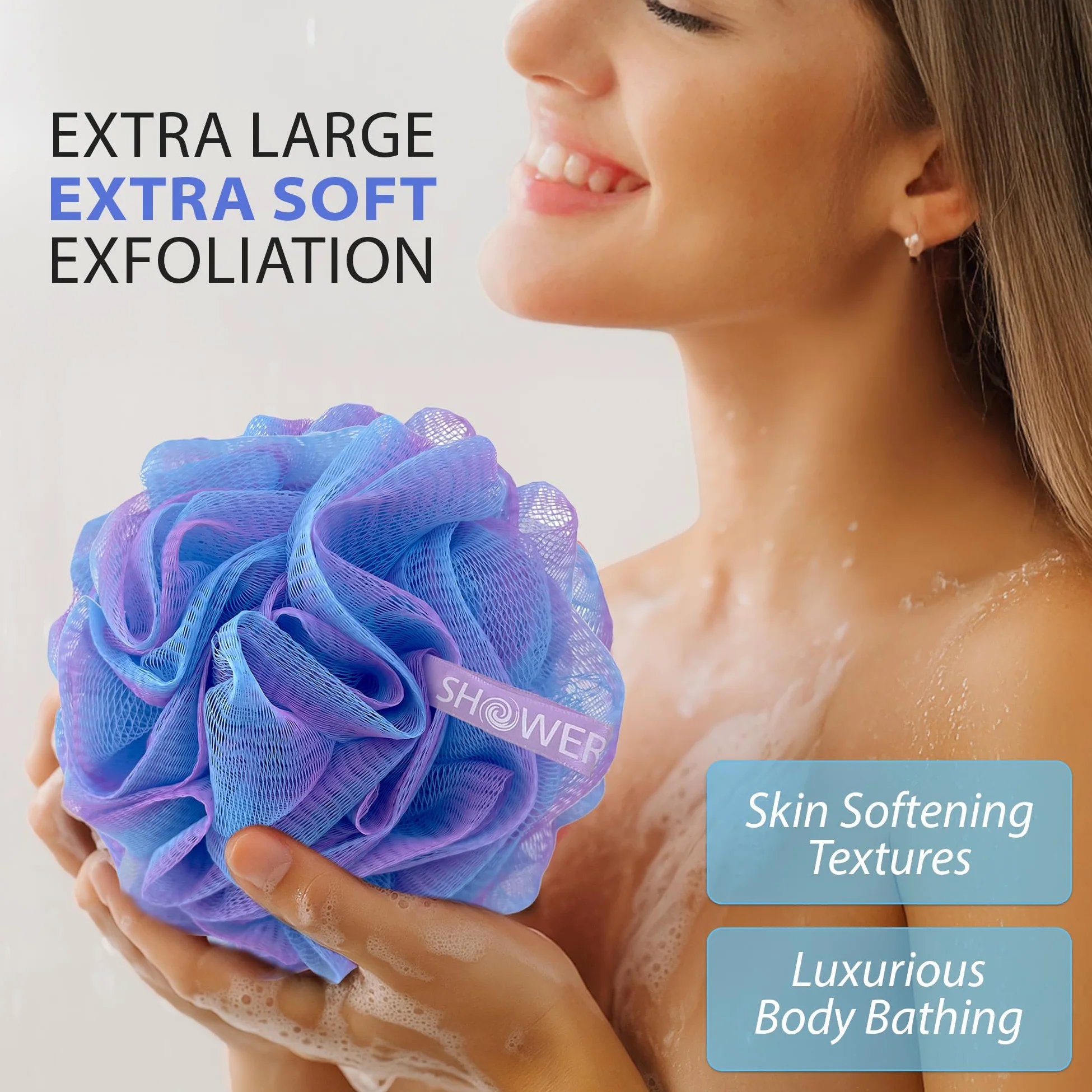 Loofah Gąbka do kąpieli - głęboki zestaw-XL-75 g od bukietu prysznicowego - bardzo duże 4 opakowania, miękka siatka z siatki Luffa Loofa Loufa Puff - złuszczający peeling do ciała dla kobiet i mężczyzn: kojący złuszczacz do twarzy i ciała