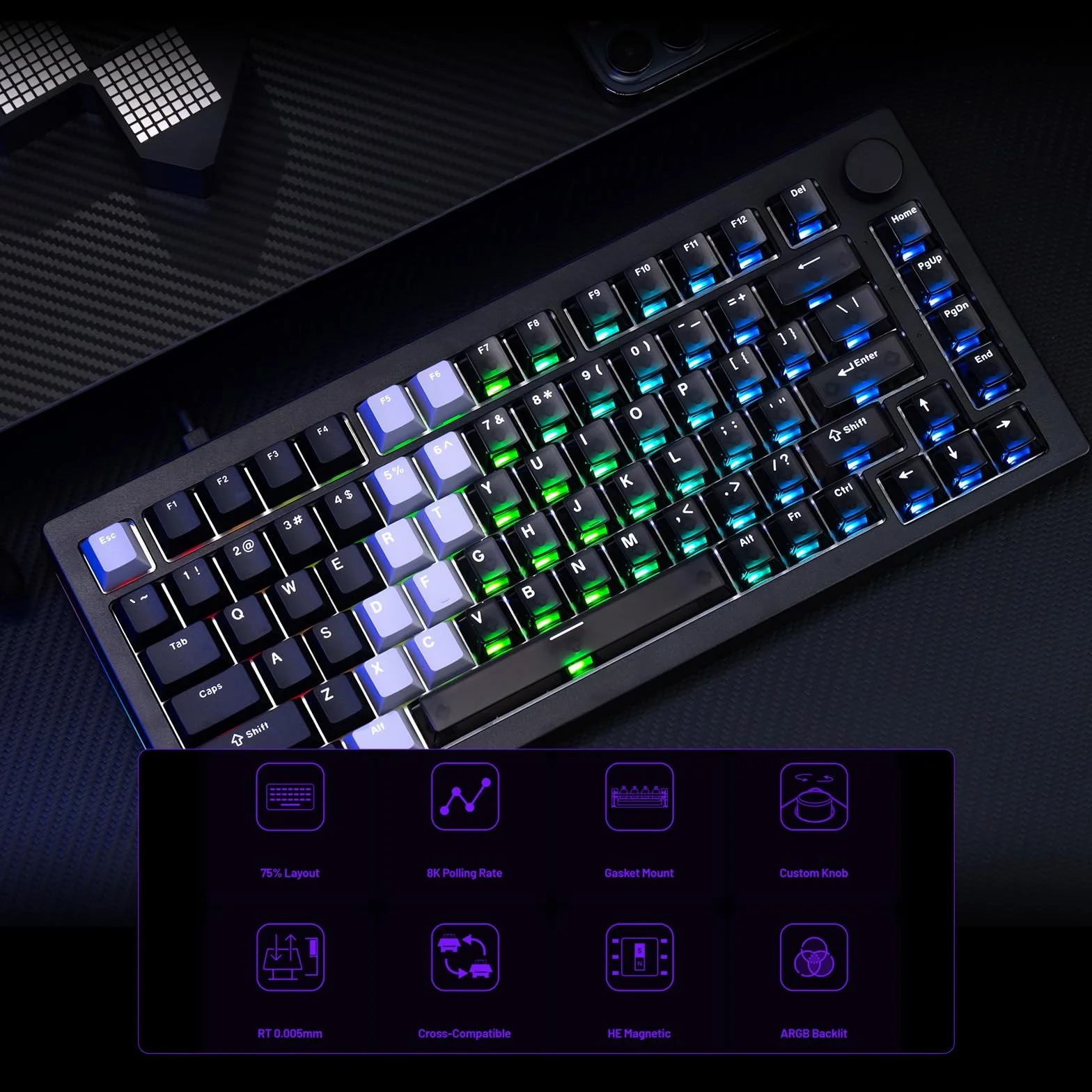 Akko 5075 V3 HE Rapid Trigger klawiatura, przełącznik magnetyczny z efektem Halla, zapytacze 8K, RT0,005 mm, układ 75% US, podświetlenie RGB, przewodowa klawiatura do gier do komputerów PC i Mac