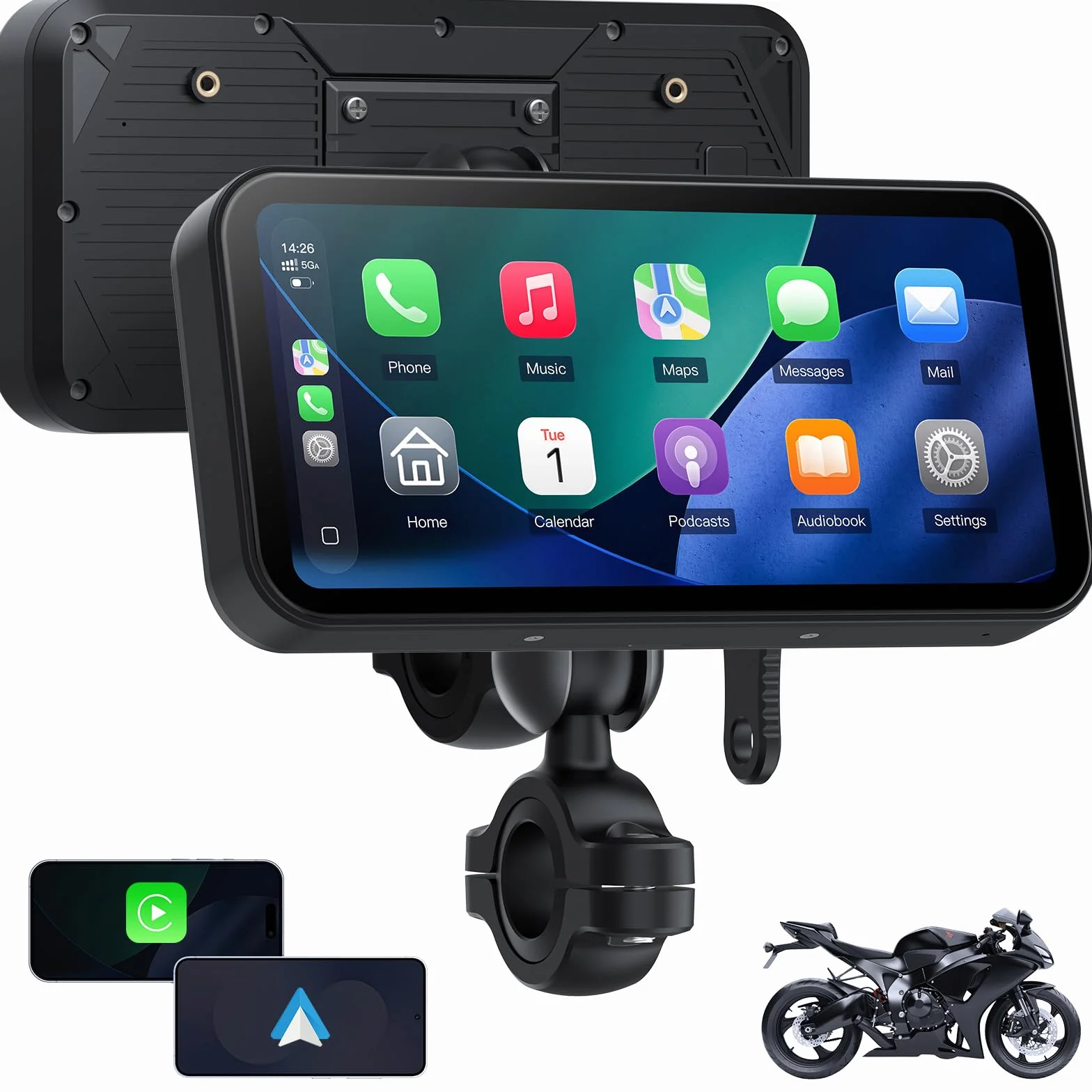 622 bezprzewodowy ekran CarPlay do motocykla, 6" wodoodporny ekran dotykowy z czujnikiem światła, obsługuje bezprzewodowe CarPlay i Android Auto, Bluetooth, nawigacja GPS