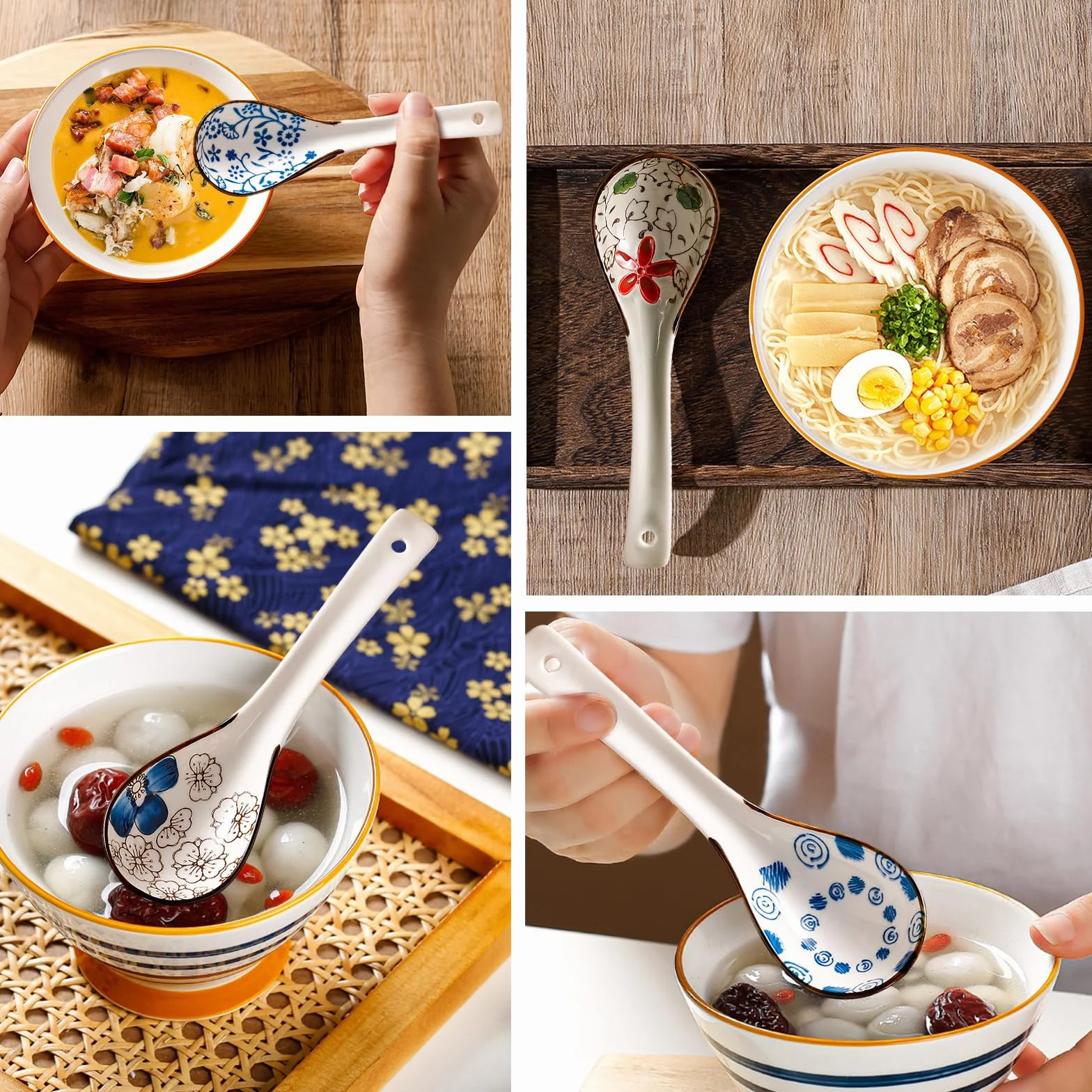 Chińskie łyżki do zupy, Yiyifor 6 szt. azjatyckich łyżek do zupy, ceramiczne łyżki, kreatywne porcelanowe azjatyckie łyżki do zupy, ceramiczne łyżki ramen, do zupy, ramenu, pho, makaronu miso wonton,