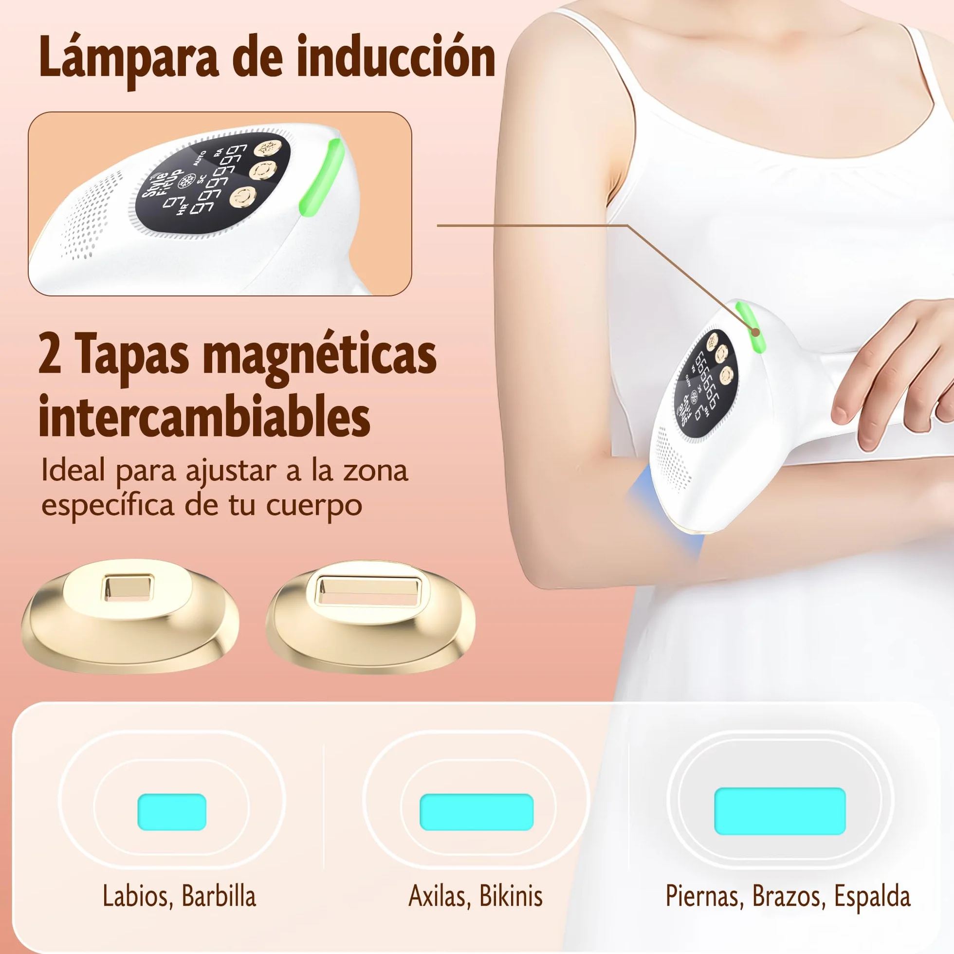 IPL Pulsed Light Depilator, urządzenie IPL funkcja chłodzenia, 2 wymienne nasadki, do 999,999 błysków, HR/RA/SC, 9 intensywności, bezbolesne laserowe usuwanie włosów dla kobiet i mężczyzn.