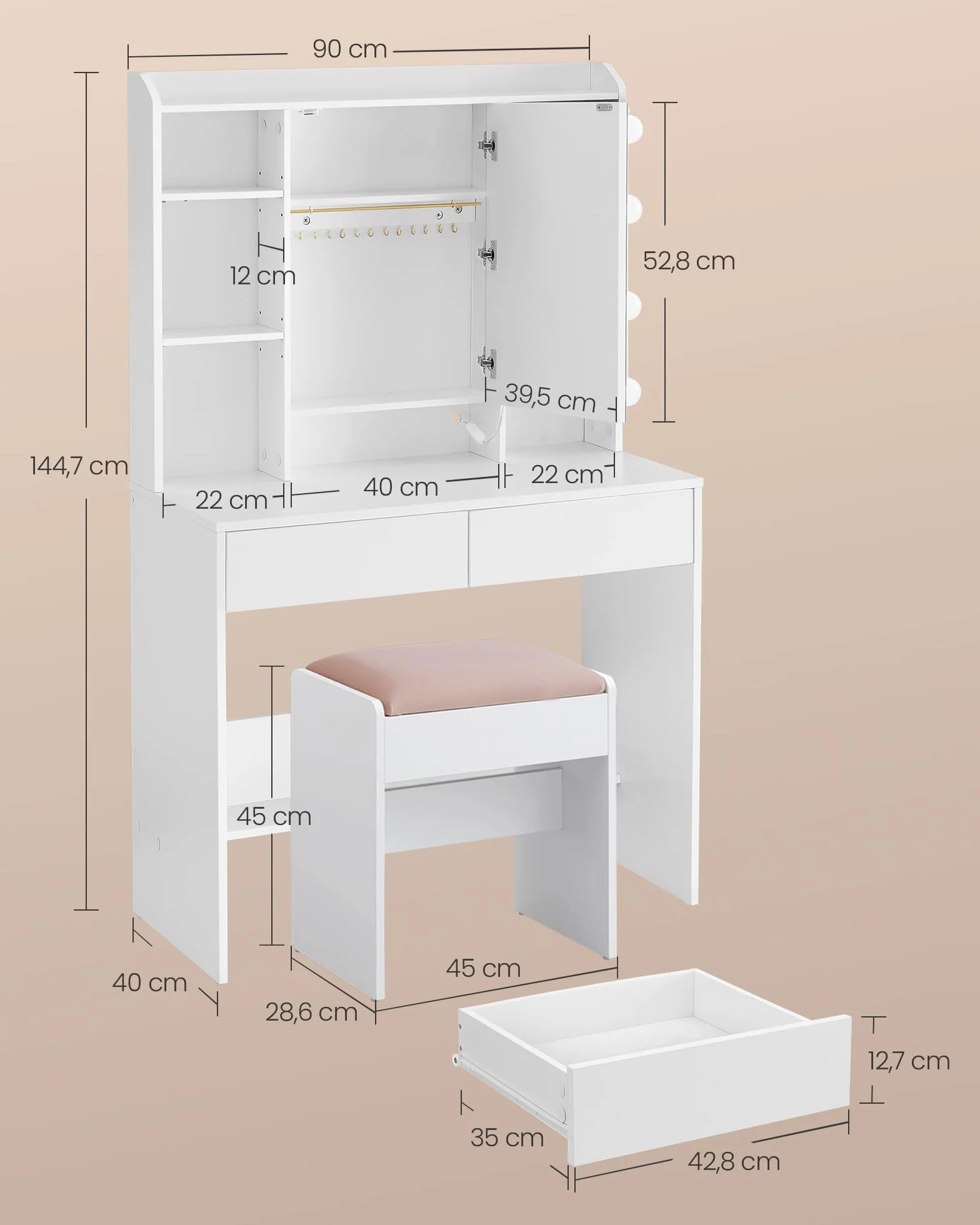 VASAGLE Toaletka z Oświetleniem LED, Regulacja Jasności, Lustro, Regulowane Półki, 2 Szuflady, Biała RDT126W01