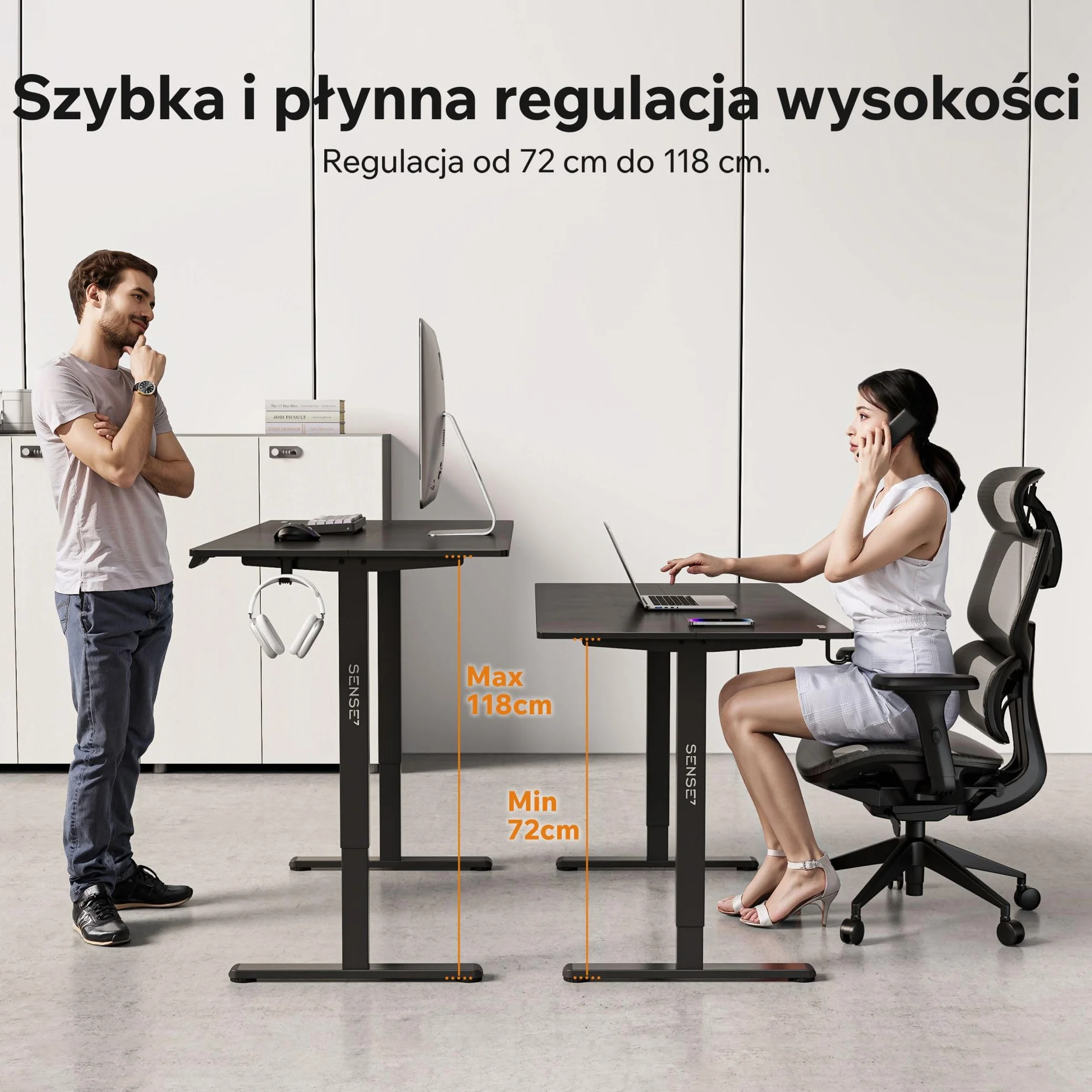 SENSE7 Nojo Light Czarne Biurko Elektryczne 140x70cm 70kg Pamięć Ustawień Cichy Silnik