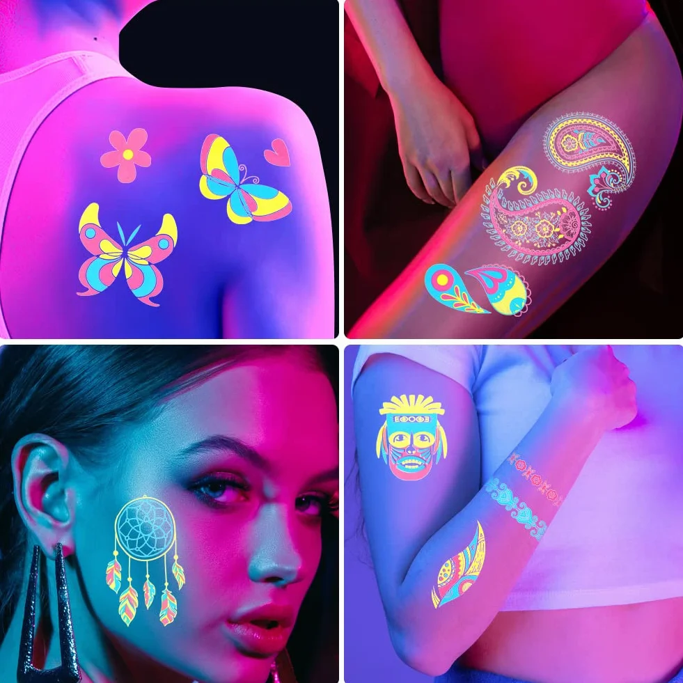 ACWOO Fluorescencyjne tatuaże tymczasowe, 9 arkuszy różnych wzorów neonowy naklejki UV, wodoodporne naklejki dla kobiet i dzieci, makijaż