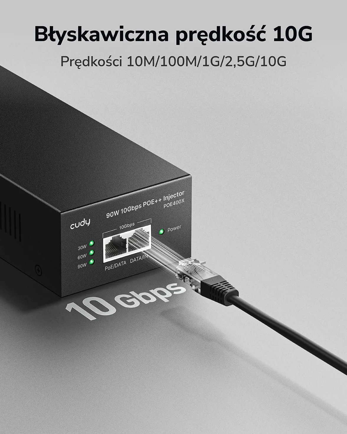 Cudy Adapter wtryskiwacza POE400X 90W 10G Ultra PoE++, zgodny z 802.3bt /802.3at/802.3af, zasilacz Ultra do 90 W, ekranowany RJ-45 10 Gb/s, Plug & Play, metalowa obudowa