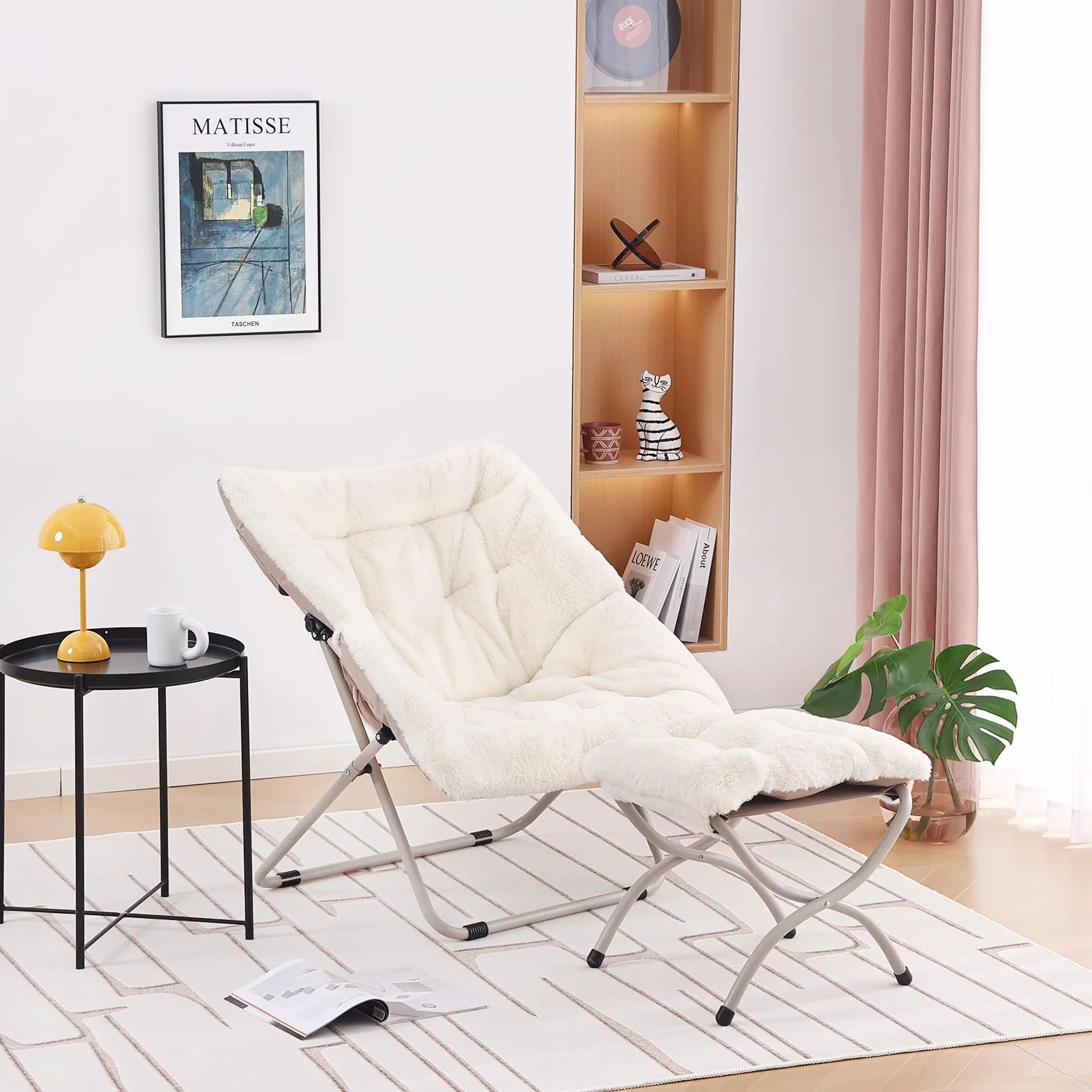 Welnow Comfy Saucer Chair with Otoman, Oversized Folding Fur Chair Soft Furry Lounge Lazy Chair with Metal Frame Moon Chair Accent Chair for Bedroom, Living Room, Dorm Rooms, Beige