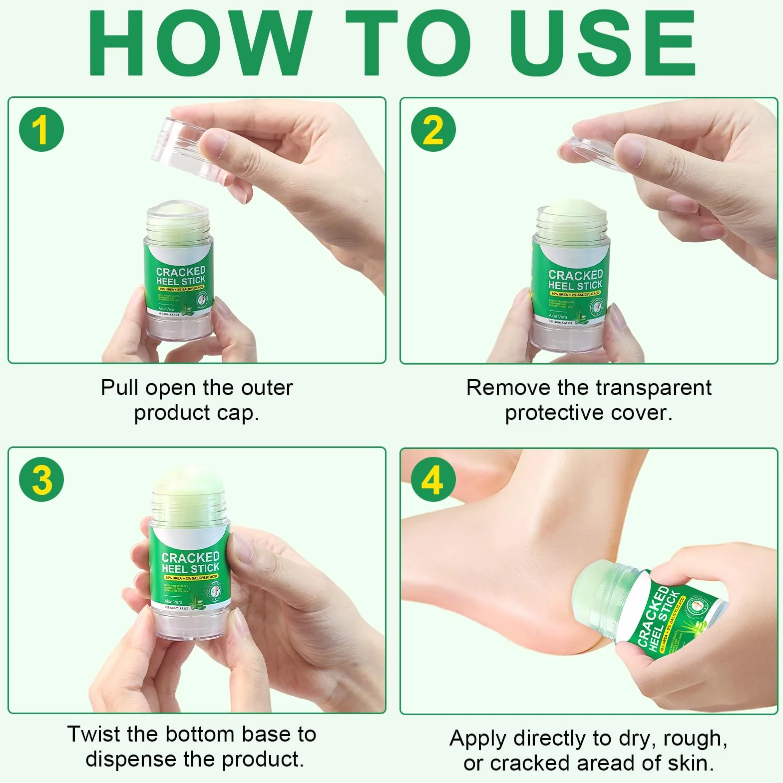 Aloe Vera sztyft do pielęgnacji stóp z 60% mocznikiem, 2-pak – łagodzi suche, popękane pięty, 2% kwas salicylowy, nawilżający balsam do stóp, nawilżający, wegański, nietestowany na zwierzętach
