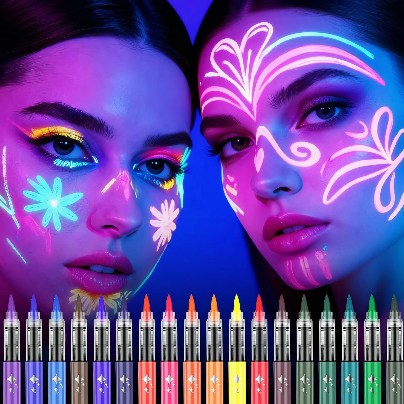 LOPHE Fluorescencyjne kredki do makijażu twarzy i ciała, 18 kolorów zmywalne UV fluorescencyjne kolorowe neonowe zestawy farb do ciała, bezpieczne i nietoksyczne farby do ciała na imprezy, cosplay
