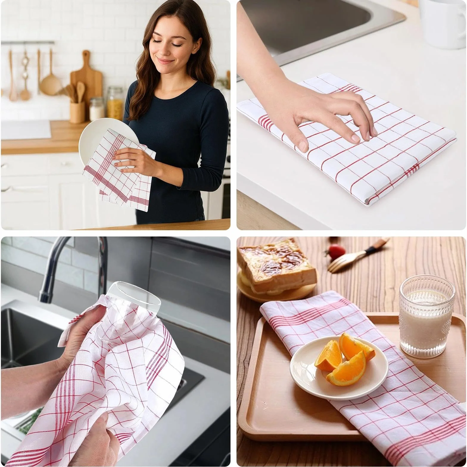 Zestaw 5 ściereczek kuchennych 45 x 65 cm, 100% bawełna, super chłonny, miękki i wielokrotnego użytku. Ręcznik kuchenny stylowy design w kratkę (czerwony i biały)