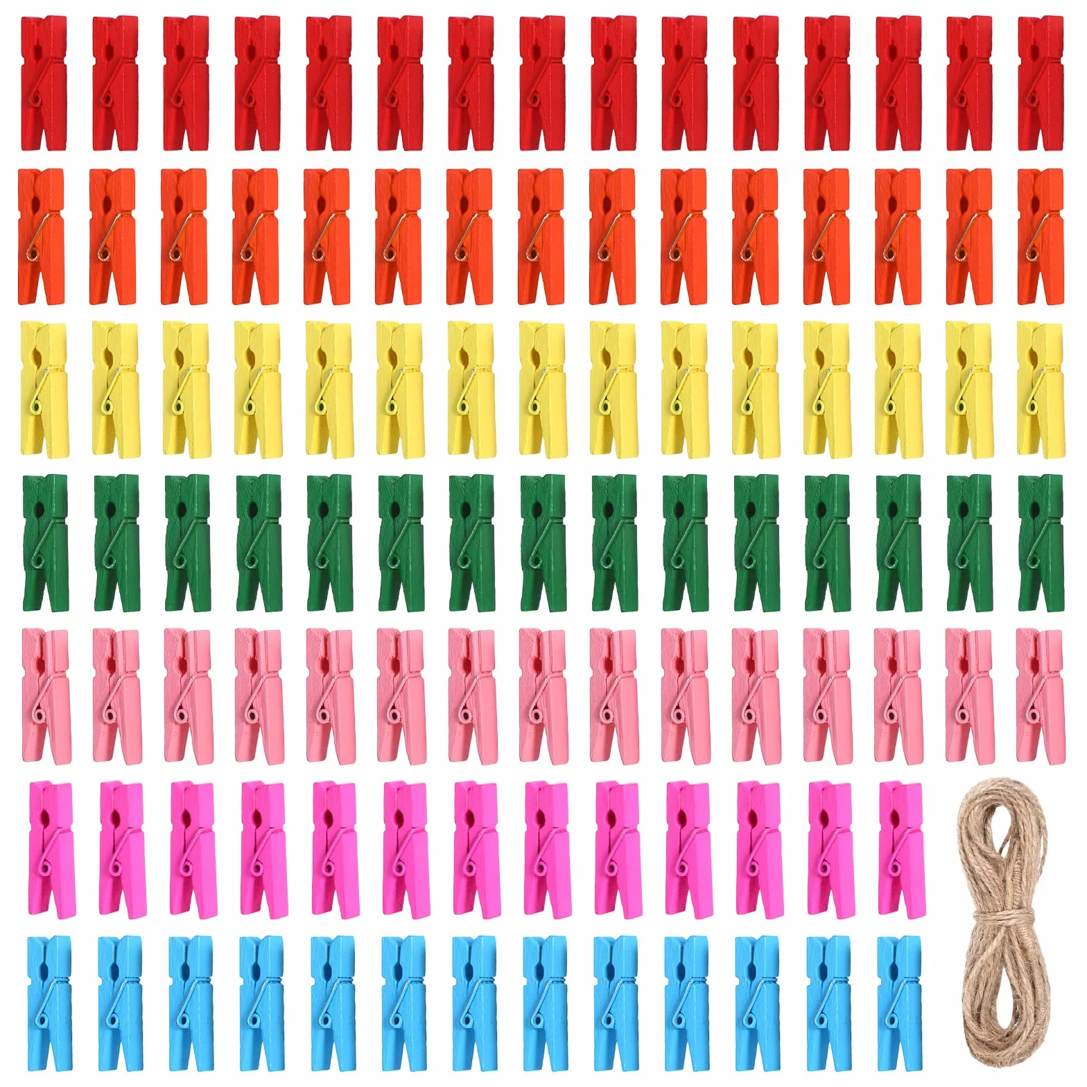 150 sztuk mini drewnianych klamerek do bielizny, drewniane klamerki do prania, 10 m, małe klamerki do zawieszenia zdjęć, pocztówek, ubrań (kolor kolorowy)