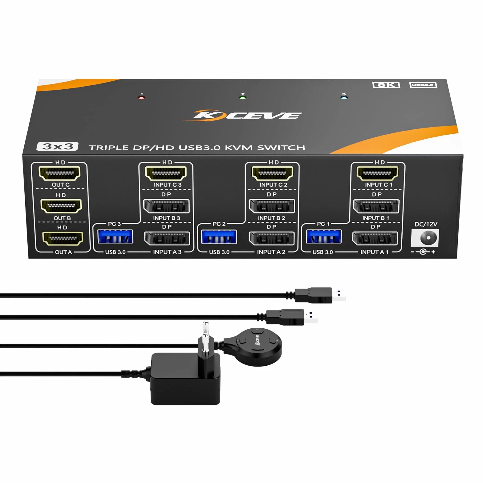 KVM Switch 3 PC 3 monitory 8K 60 Hz / 4K 144 Hz, Displayport 1.4 HDMI 2.1 USB 3.0 KVM przełącznik Triple Monitor do 3 PC części myszy, klawiatury, przewodowy pilot (8K HDMI DP 3 w 3 out