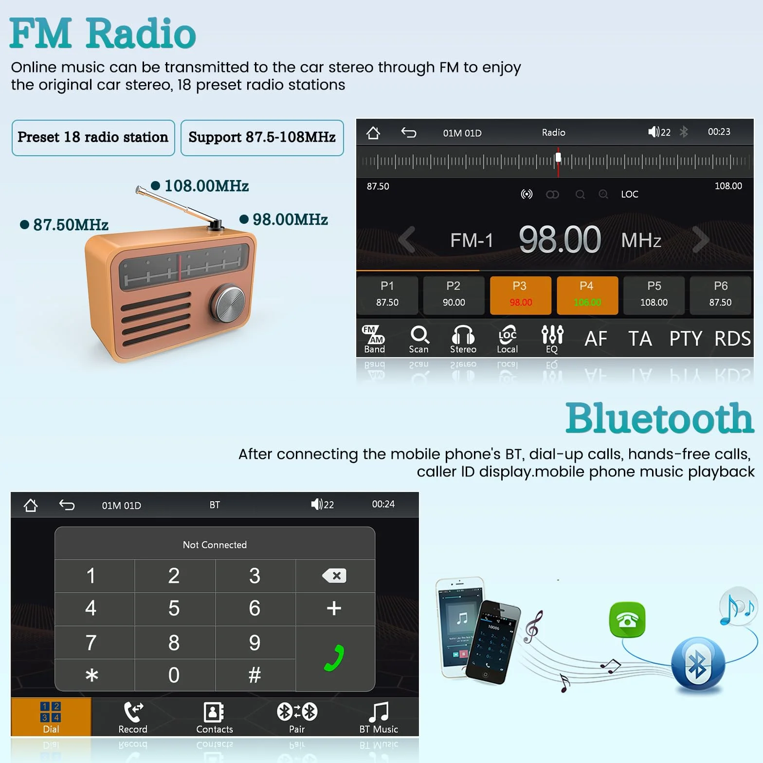 Hikity 2+32GB Android13 Estéreo Para Coche 2 Din Con Navi/Soporte Para Teléfono, Radio 10,88 Pulgadas 2 Din Android Con Navegación GPS WiFi Bluetooth Tipo-C FM USB Mirror Link