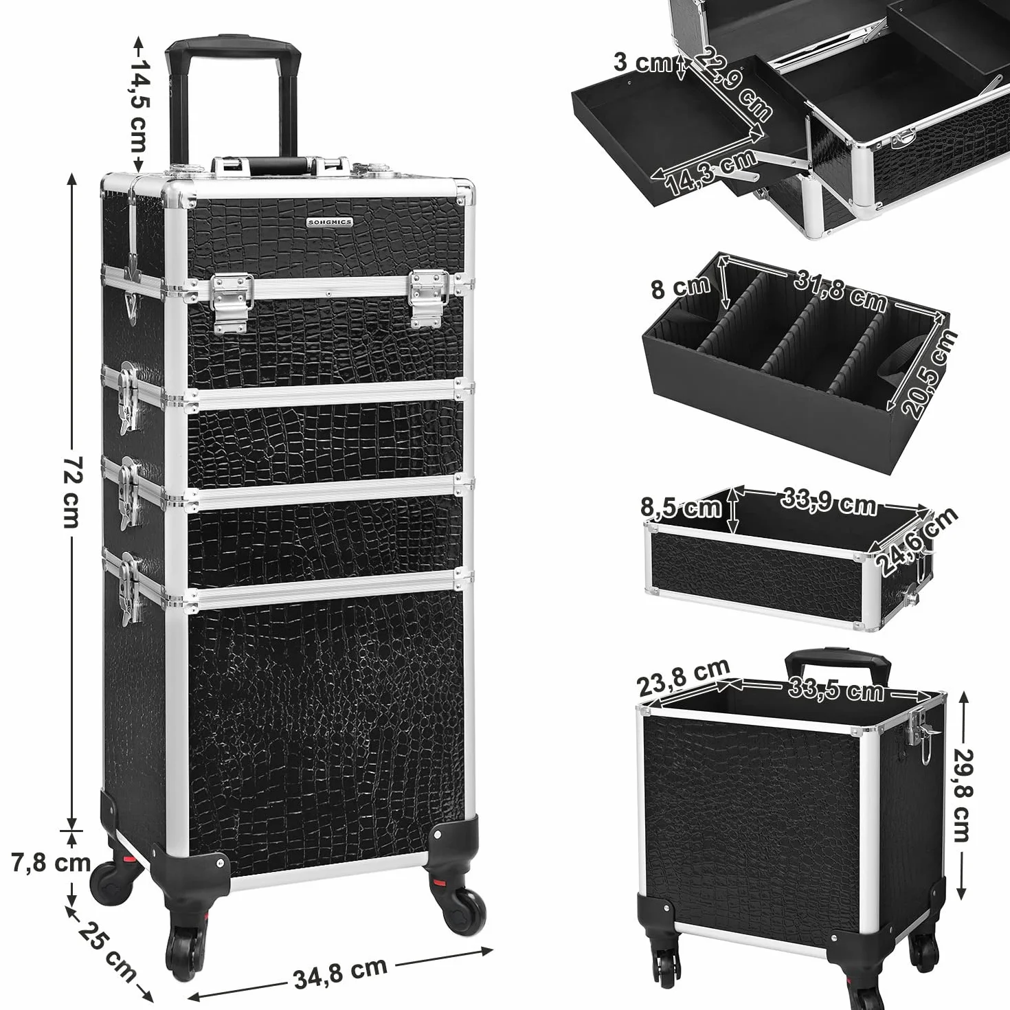 SONGMICS Aluminiowa walizka na kółkach, walizka fryzjerska, kuferek na kosmetyki bez zawartości, bagaż podręczny, Beauty Case, 4 w 1, XXL, czarna JHZ06B