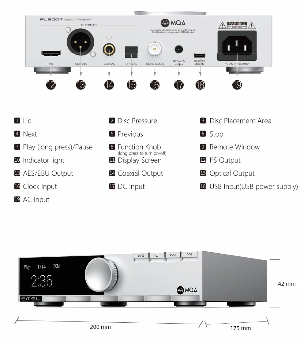 S.M.S.L PL200T MQA-Odtwarzacz CD Zegar Wejście HiFi Bezstratne Odtwarzanie Odtwarzanie Mod Transport (srebrny)
