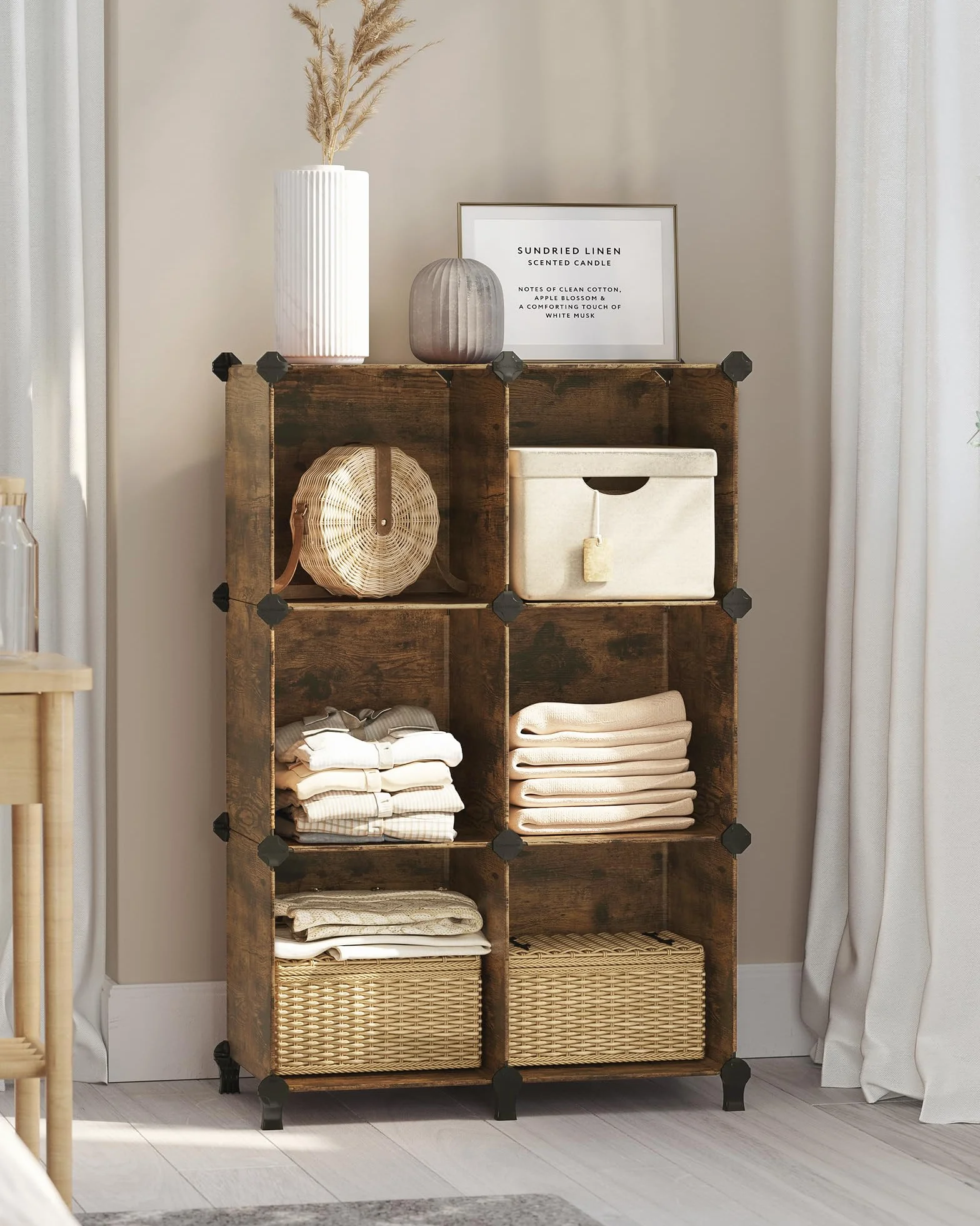 SONGMICS 6-komorowy modułowy regał modułowy plastikowy organizer z nogami na buty sześcian 30 x 30 x 30 cm salon sypialnia gabinet gumowy młotek rustykalny brązowy LPC111A01