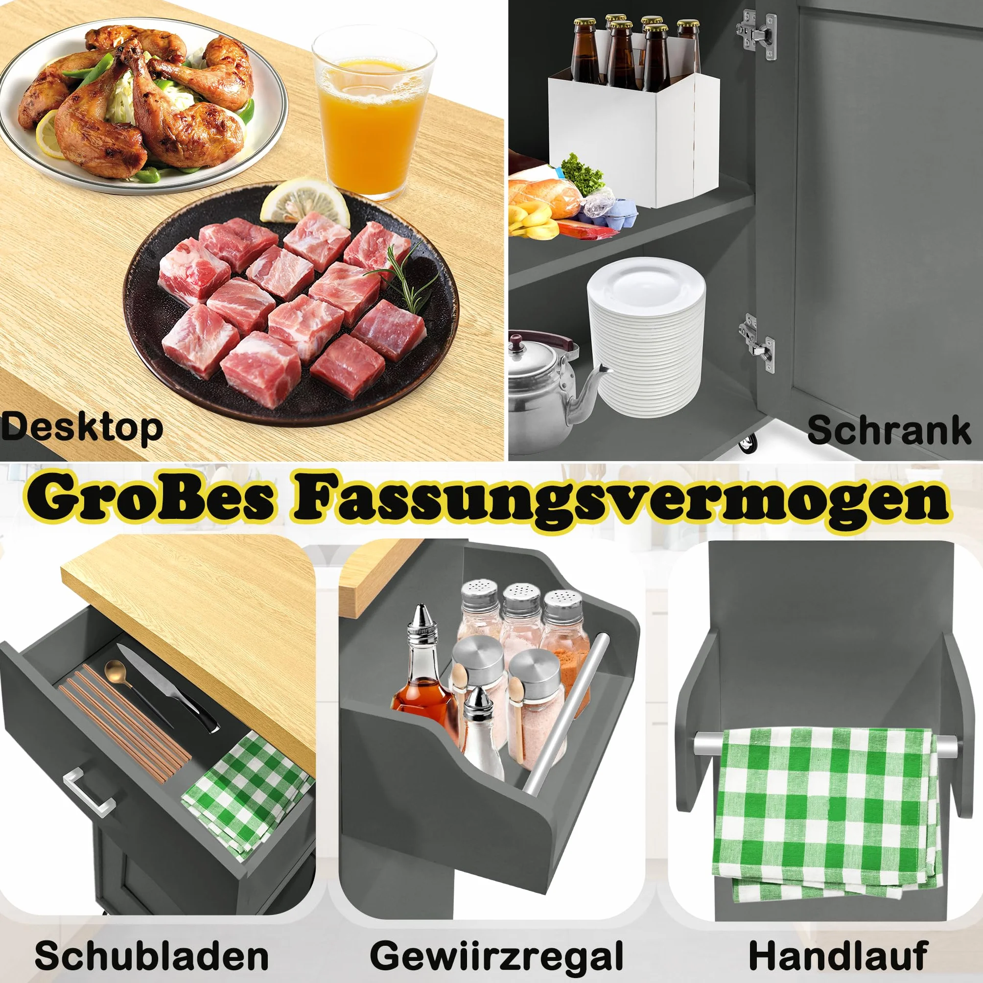 AufuN Szafka kuchenna z blatem roboczym, szufladą i szafką, wózek kuchenny na kółkach, wózek do serwowania z drewna, wózek na wyspy kuchenne, wózek kuchenny w stylu wiejskim, do kuchni, restauracji,