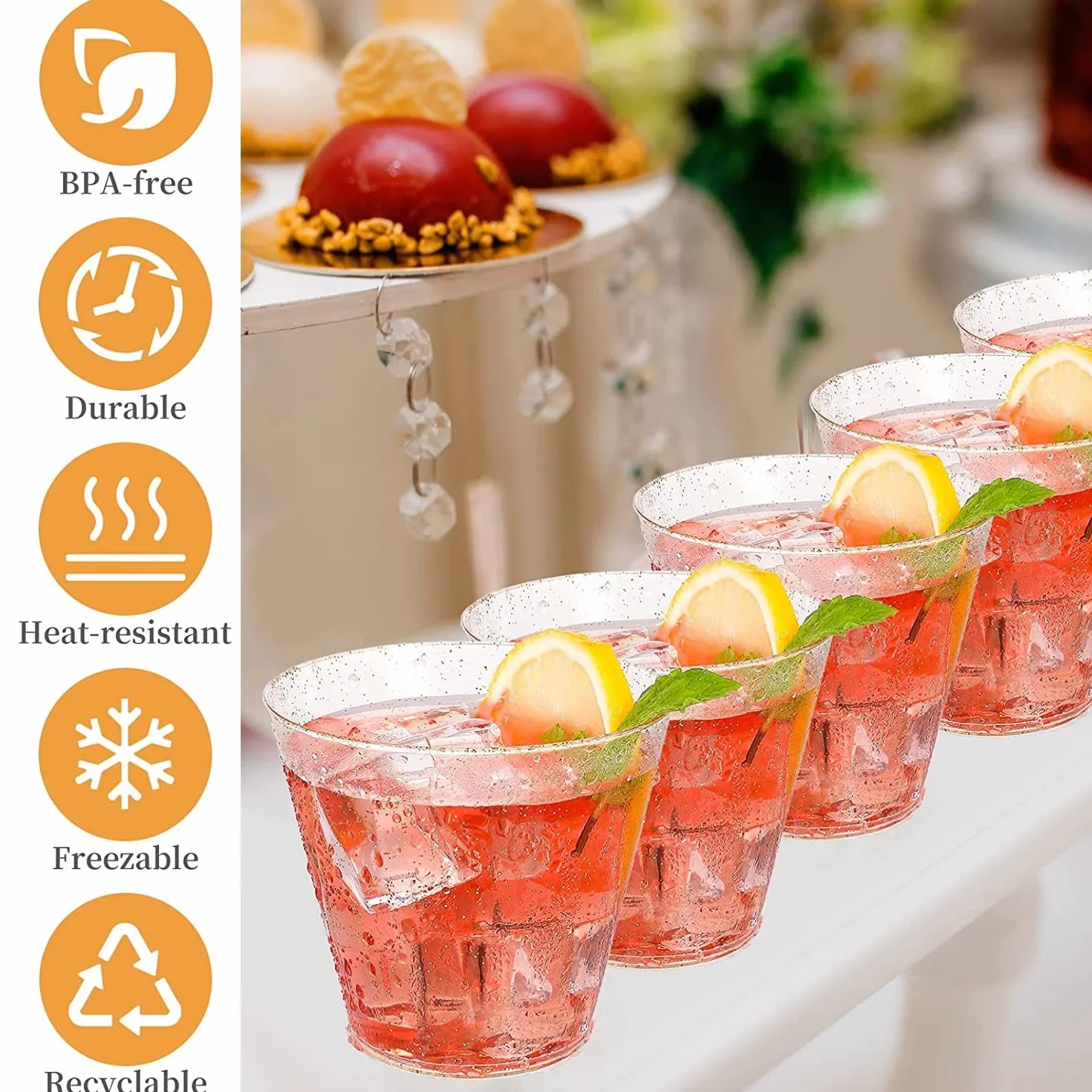 KAHEIGN Szklanki deserowe ze złotym brokatem, plastikowe kubki deserowe, 270 ml, okrągłe, przezroczyste, wielokrotnego użytku, do whisky, puddingu, pianki imprezowej (7 x 8,5 cm)