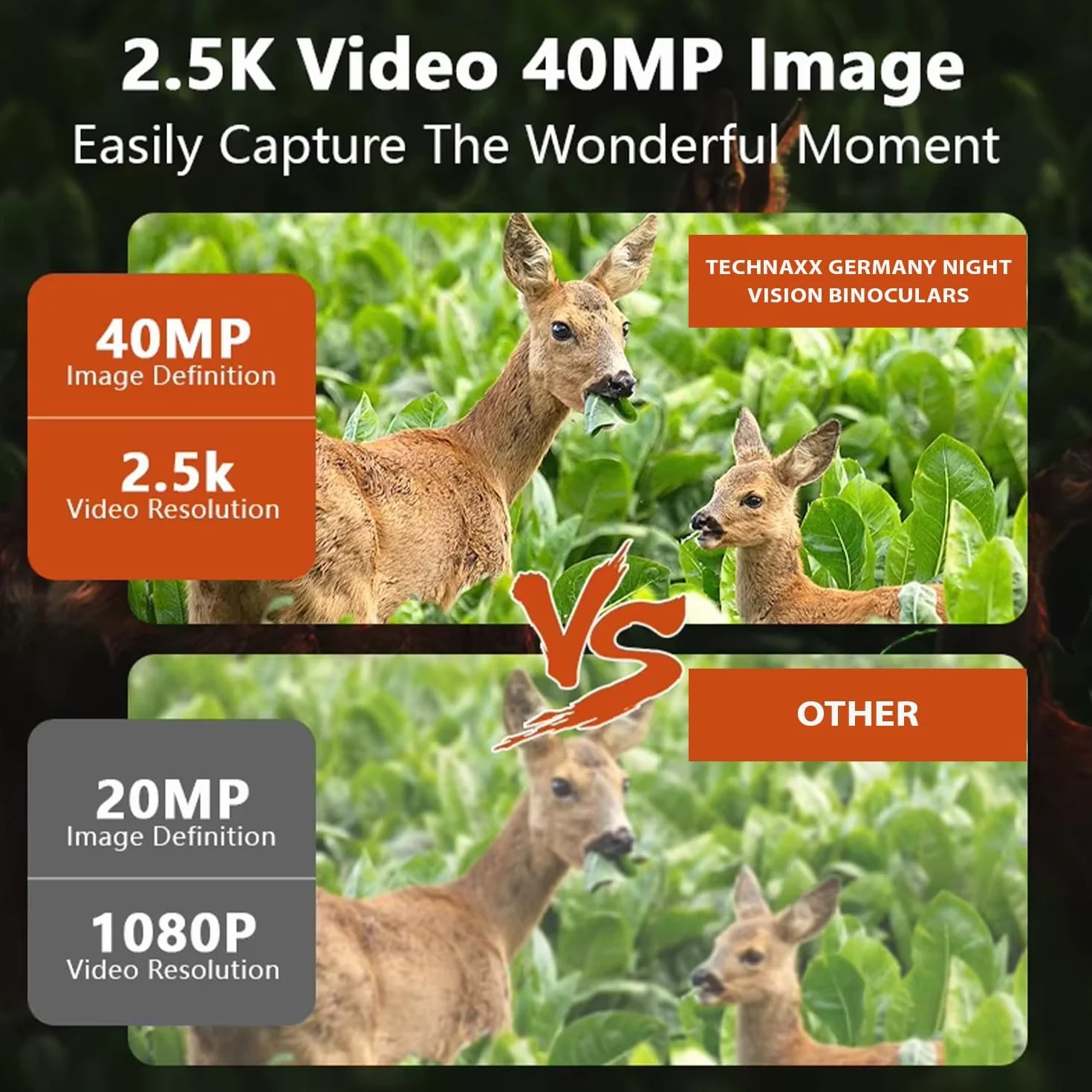 Technaxx noktowizor TX-257 – rozdzielczość wideo Full HD 1080p, rozdzielczość zdjęć 40 MP, powiększenie optyczne 4x, zoom cyfrowy 8x i IR LED – lornetka noktowizyjna na polowanie, wędrówki