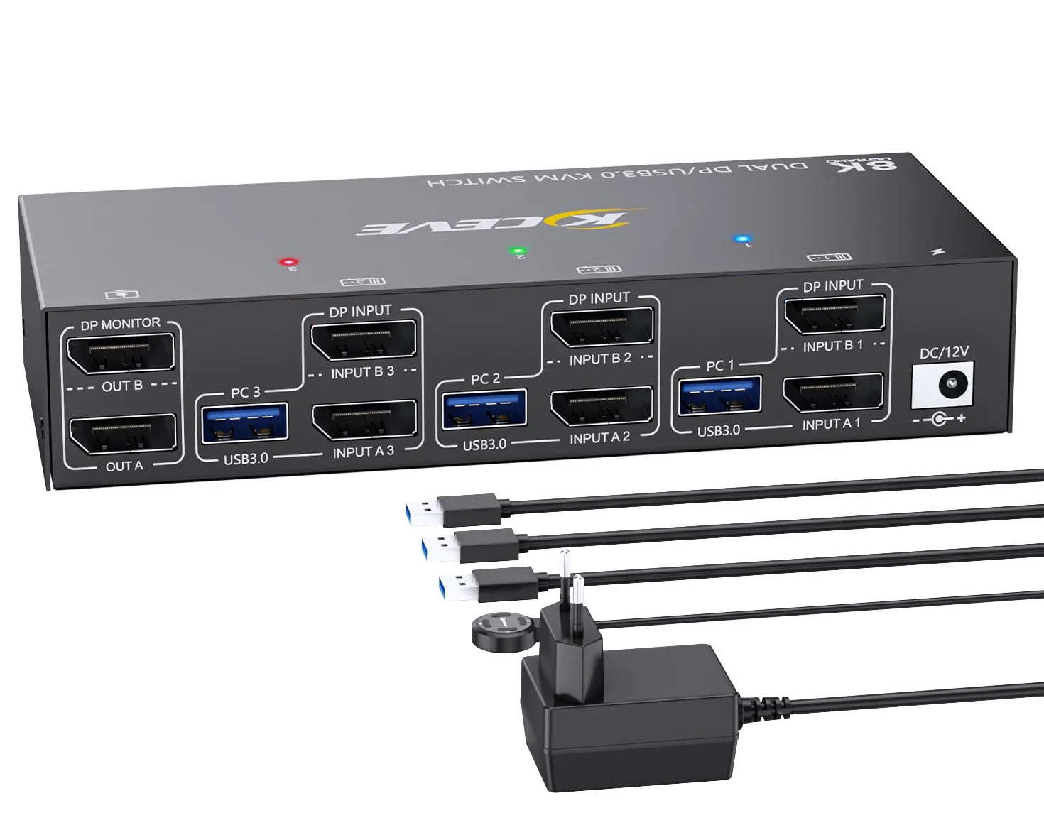 Przełącznik KVM 8K 30 Hz 3 komputery, 2 monitory, 4K @ 144 Hz Displayport KVM Switch 3 PC dzielą 2 monitory i 4 urządzenia USB 3.0, w tym przewodowy pilot zdalnego sterowania, zasilacz sieciowy i