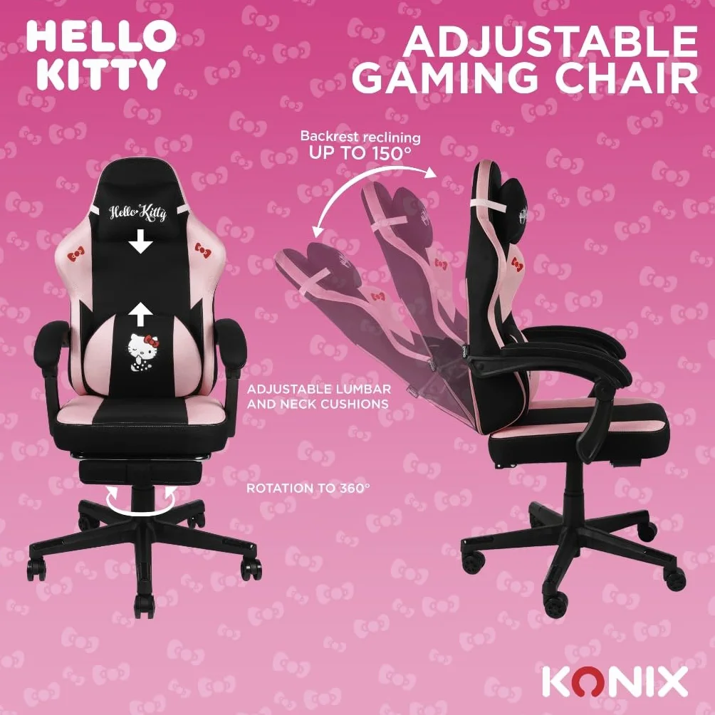 Konix Hello Kitty Gaming Krzesło biurowe 150° nachylenie drewniana metalowa rama poduszka podnóżek czarno-różowy