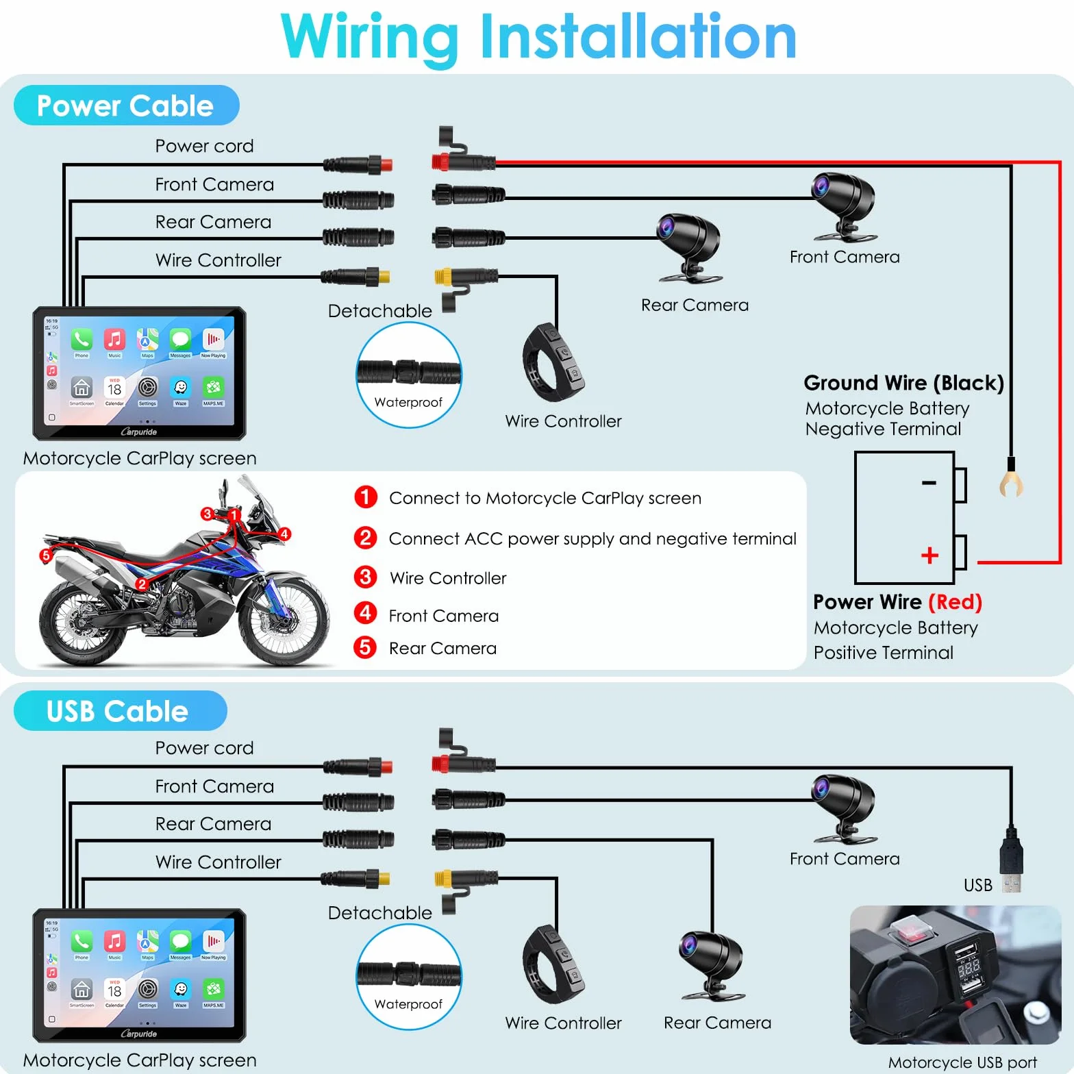 Carpuride W712D Motocyklowy ekran Carplay z kamerą samochodową 1080P HD z przodu i z tyłu, bezprzewodowy CarPlay i Android Auto, wodoodporny ekran dotykowy 17.8 cm, BT Audio, przewodowy kontroler
