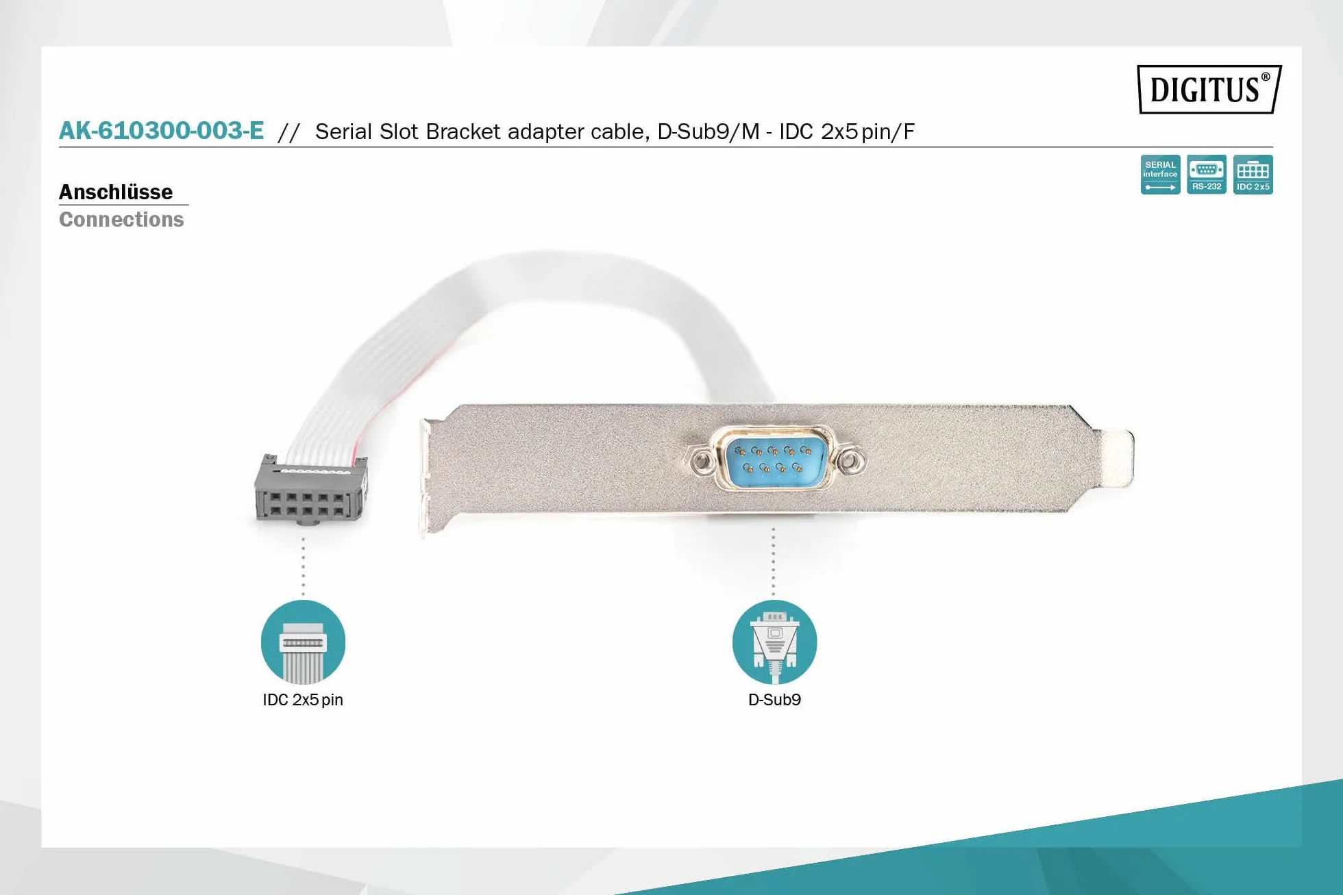 Digitus Wspornik gniazda portu szeregowego - kabel adaptera - IDC 10-pin do D-Sub 9 - gniazdo do wtyczki - płaski kabel taśmowy