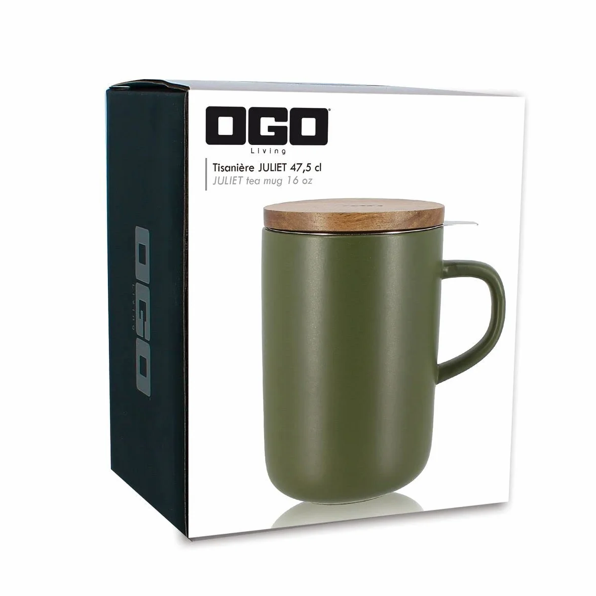 OGO LIVING Juliet herbata ziołowa 475 ml - idealna do herbaty i herbaty ziołowej - kubek do herbaty z kamionki i pokrywką z drewna akacjowego - zielony khaki - 7912034