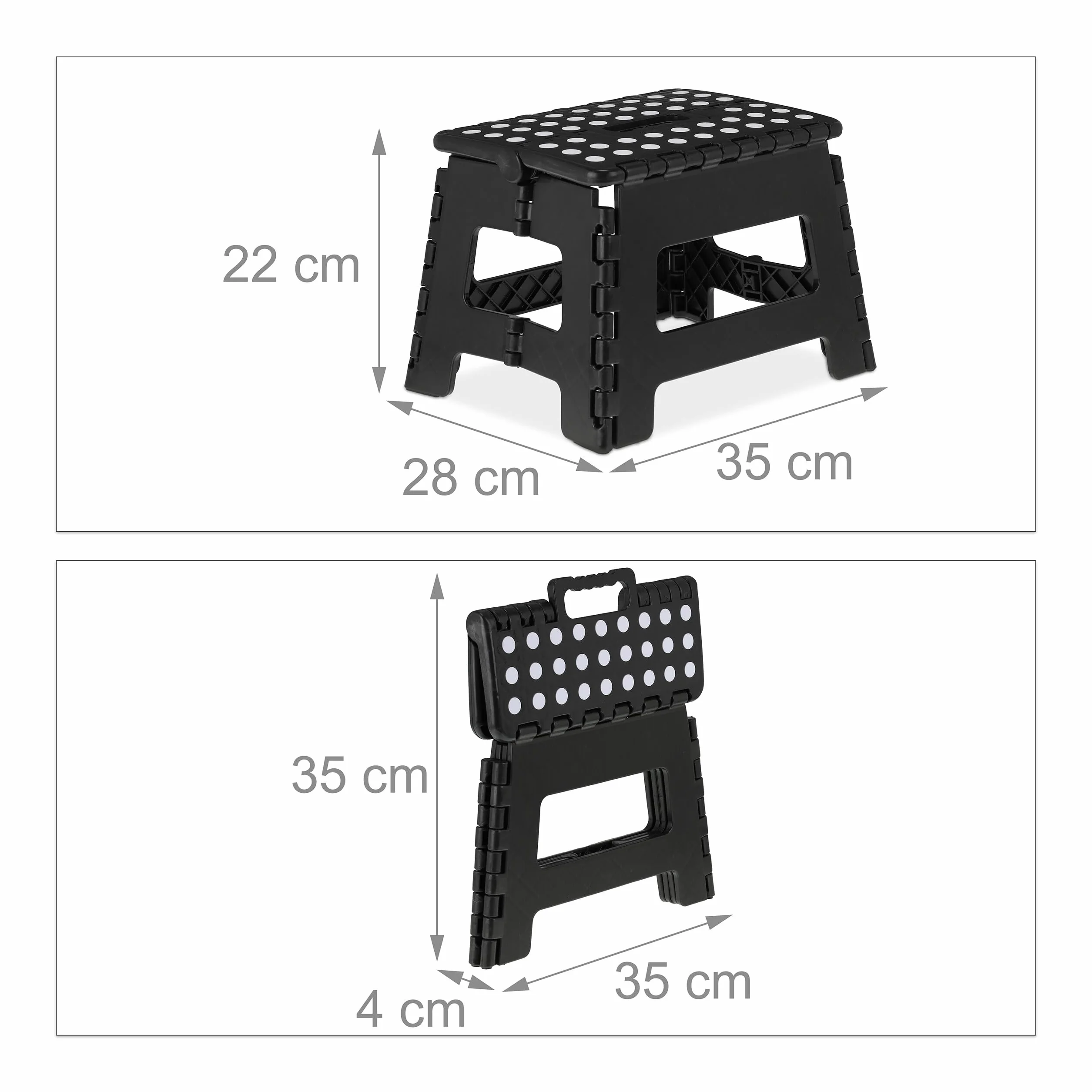 Relaxdays Stołek do chodzenia, składany, wysokość 22,5 cm, 1 stopień, do 120 kg, antypoślizgowy taboret składany z tworzywa sztucznego, czarny