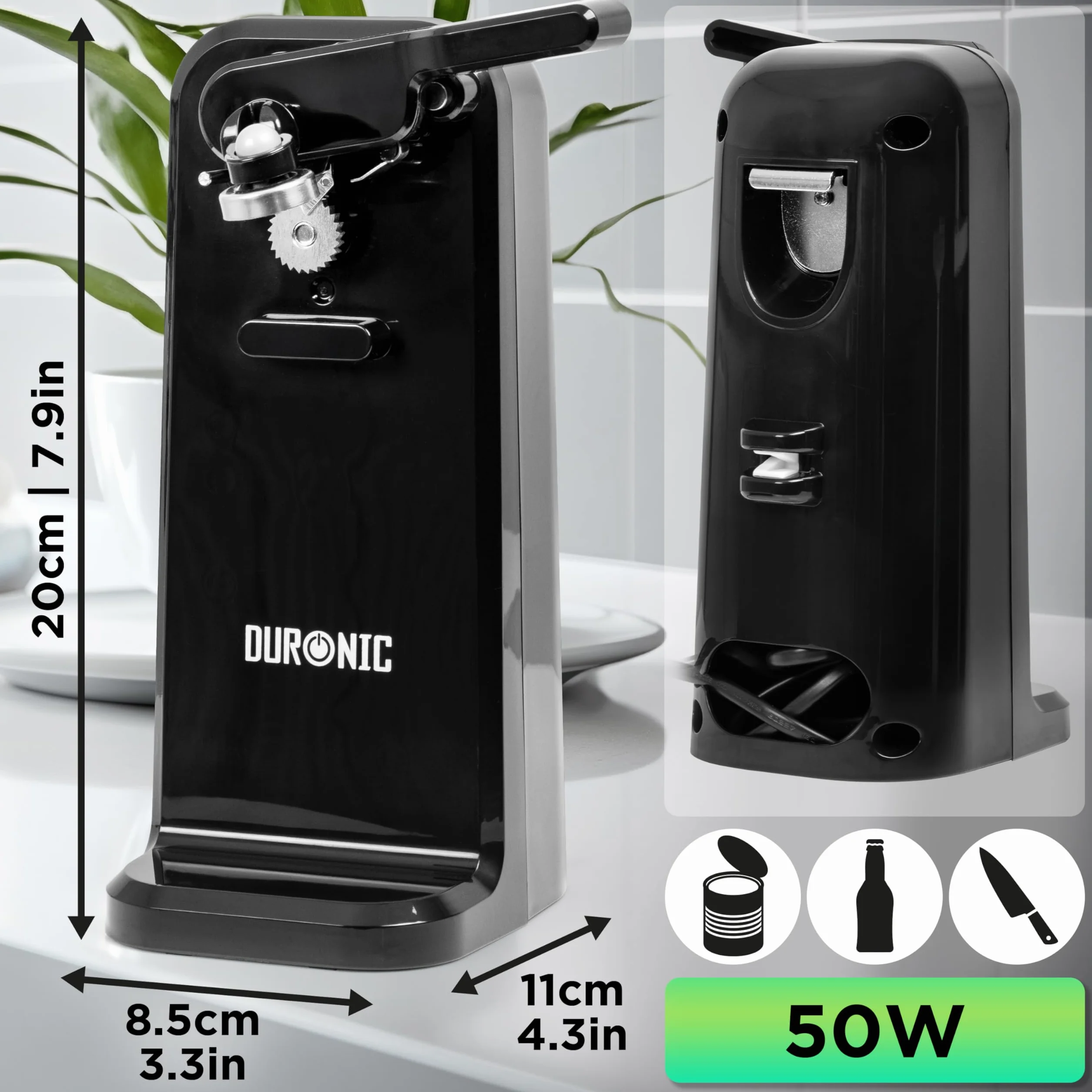Duronic CO40 BK Elektryczny otwieracz do butelek puszek konserw ostrzałka do noży kuchennych. Automatyczny otwierieracz 3w1 z magnesem 50W