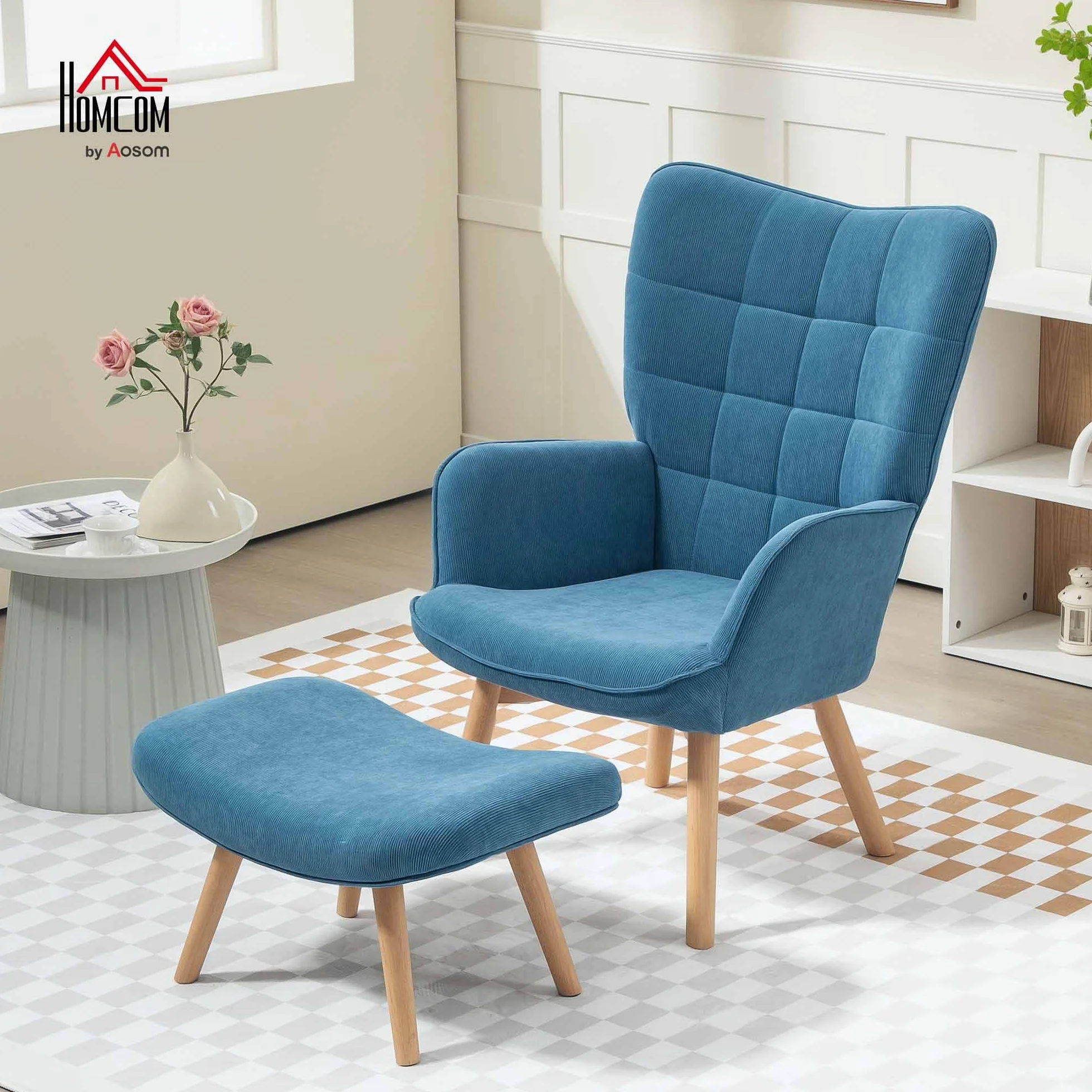 HOMCOM fotel z zauszkami z podnóżkiem, fotel typu lounge z efektem żyłkowania, nowoczesny fotel relaksacyjny, fotel z podłokietnikami, fotel do czytania do salonu, sypialni, kolor niebieski
