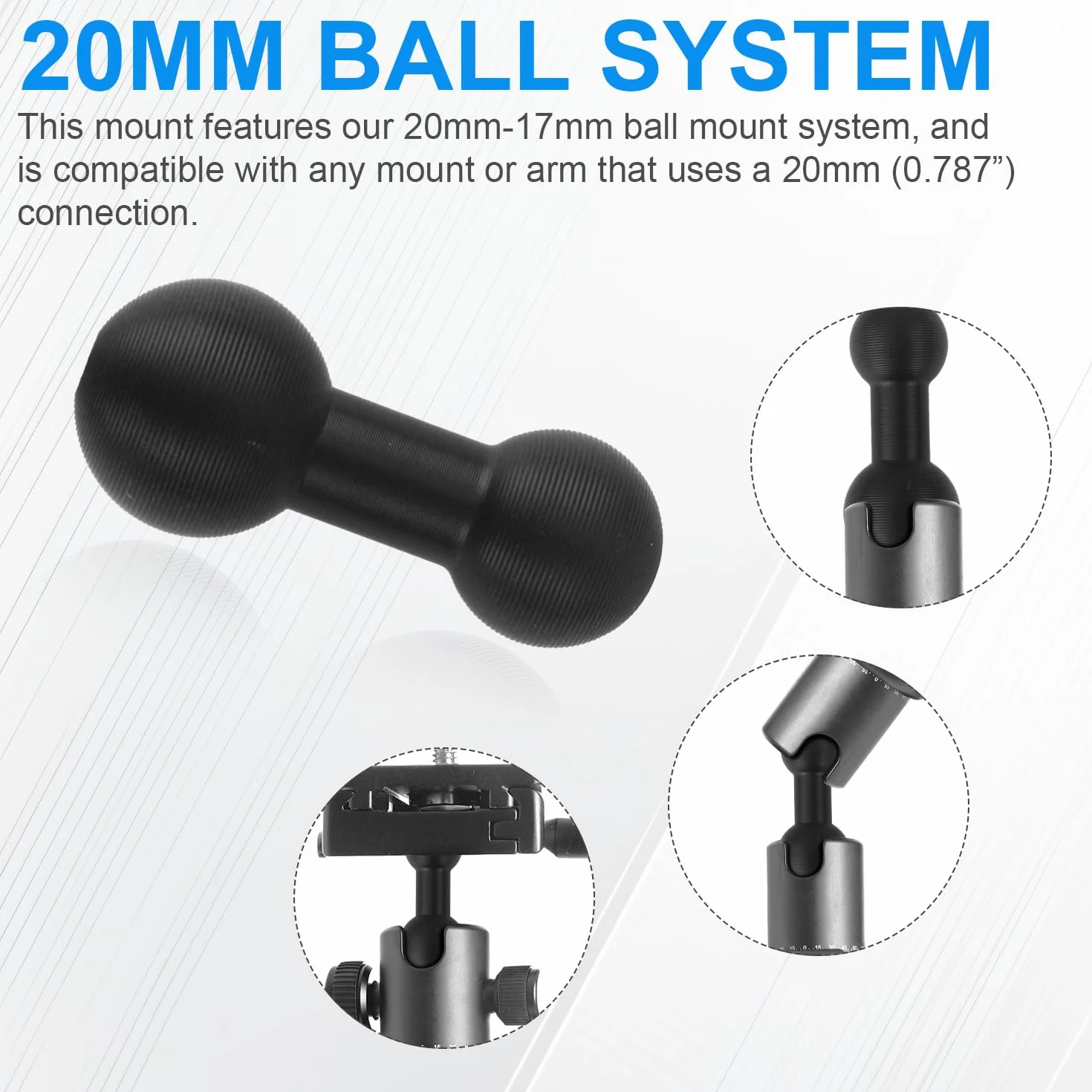 BOXOB 20mm do 17mm Ramię Montażowe Kuliste, Czarne Stop Aluminium Adapter Kulowy Łącznik Przedłużający Bezpiecznego Mocowania do Bulletpoint Dash Ramię Montażowe ze Złączami 17mm