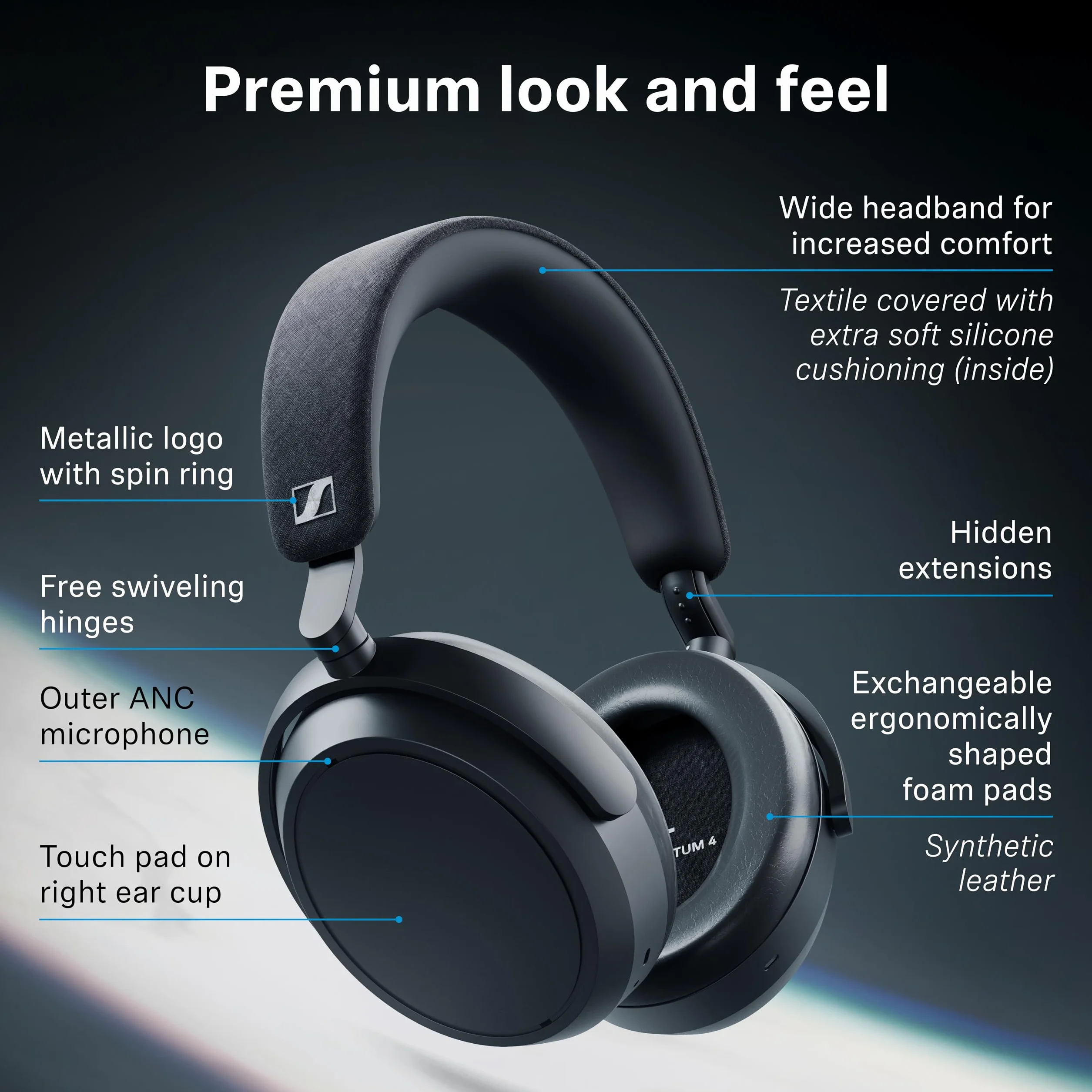 Sennheiser MOMENTUM 4 Słuchawki Bezprzewodowe, Zestaw Słuchawkowy z Bluetooth Zapewniający Optymalną Czystość Dźwięku Podczas Połączeń, z Aktywnym Tłumieniem Hałasu, Grafit