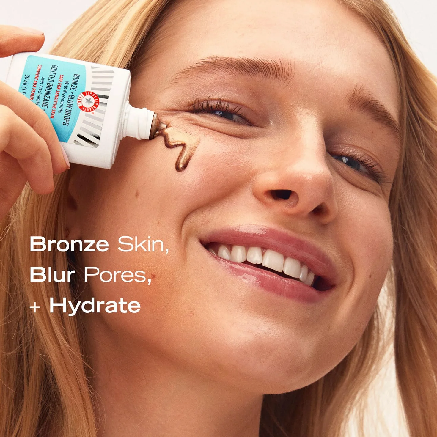 First Aid Beauty – Bronze + Glow Drops z niacynamidem, wyrównują koloryt, wygładzają pory, nawilżają 24h, brązowy efekt, niekomedogenne, dla skóry wrażliwej, 30 ml