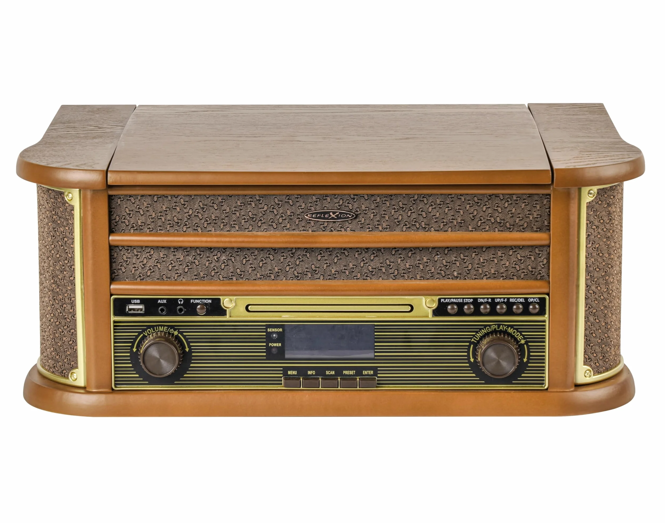 Reflexion HIF2002 wieża stereo retro z gramofonem, kasetą, odtwarzaczem CD i radiem DAB (DAB+, UKF/MW, MP3, USB, wyświetlaczem LCD, pilotem zdalnego sterowania, 80 W, obudowa z prawdziwego drewna), kolor brązowy