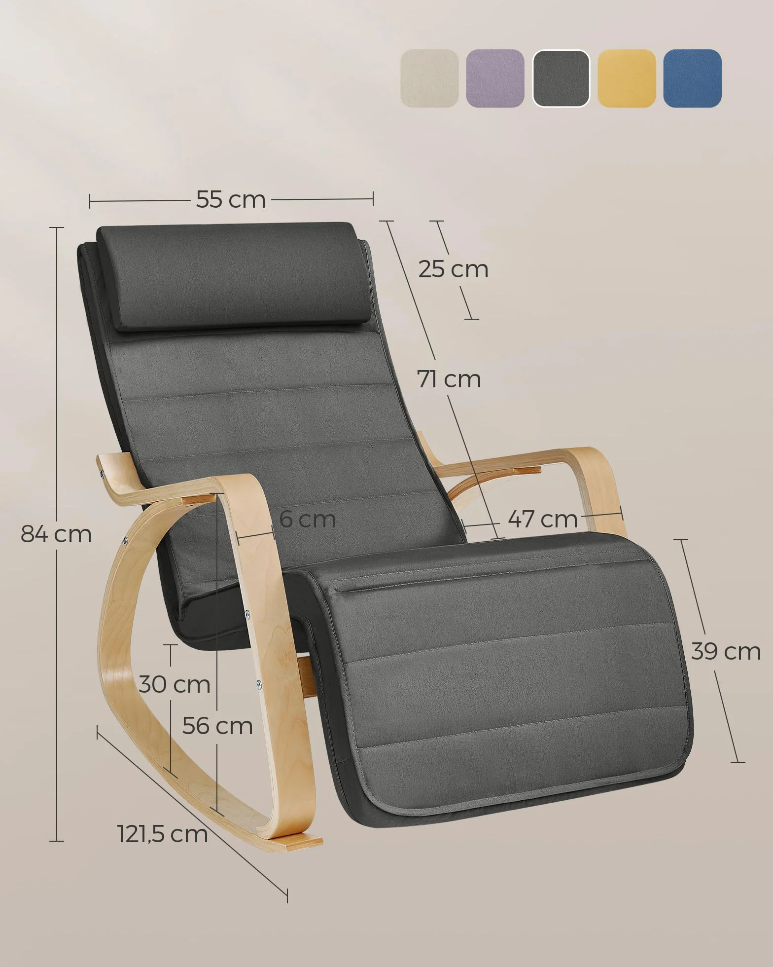 SONGMICS LYY10G fotel bujany, z podłokietnikami z drewna brzozowego, 5-stopniowa regulacja podnóżka, obciążenie do 150 kg, do sypialni, salonu, kolor ciemnoszary, naturalny