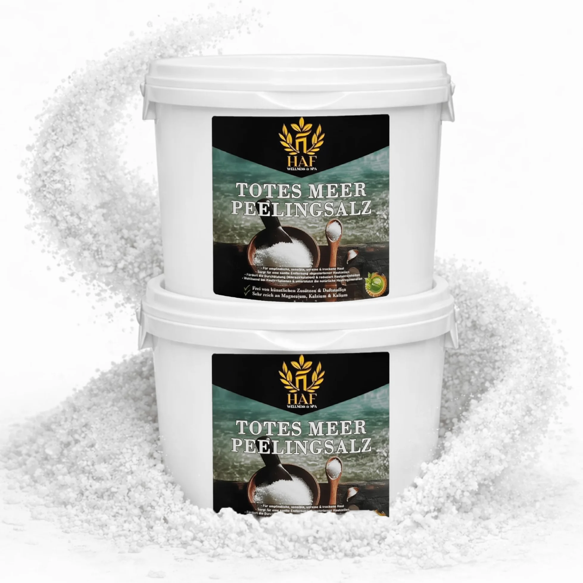 HAF – Sól do peelingu z Morza Martwego (wiadro 2 x 5 kg) – naturalny peeling do ciała z Jordanii. Do suchej skóry i twarzy można stosować w saunie, prysznicu lub łaźni parowej, wegańska i bez dodatków